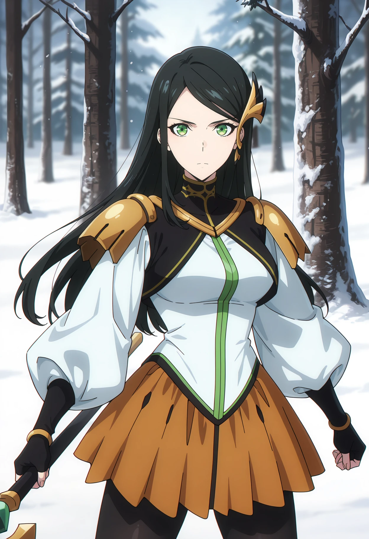 anime screencap, masterpiece, best quality,
<lora:SoloLeveling_ParkHeejin_IlluXL:0.9>,
1girl, solo, serious,
long hair, swept bangs, parted bangs, black hair, green eyes, hair ornament,
HeejinDress, turtleneck dress, multicolored dress, shoulder pads, zipper, puffy long sleeves, orange skirt, fingerless gloves, black gloves,
black pantyhose, holding staff,
standing, looking at the viewer, cowboy shot, thighs, legs apart,
outdoors, pine tree, forest, snow, nature, day, blurry background