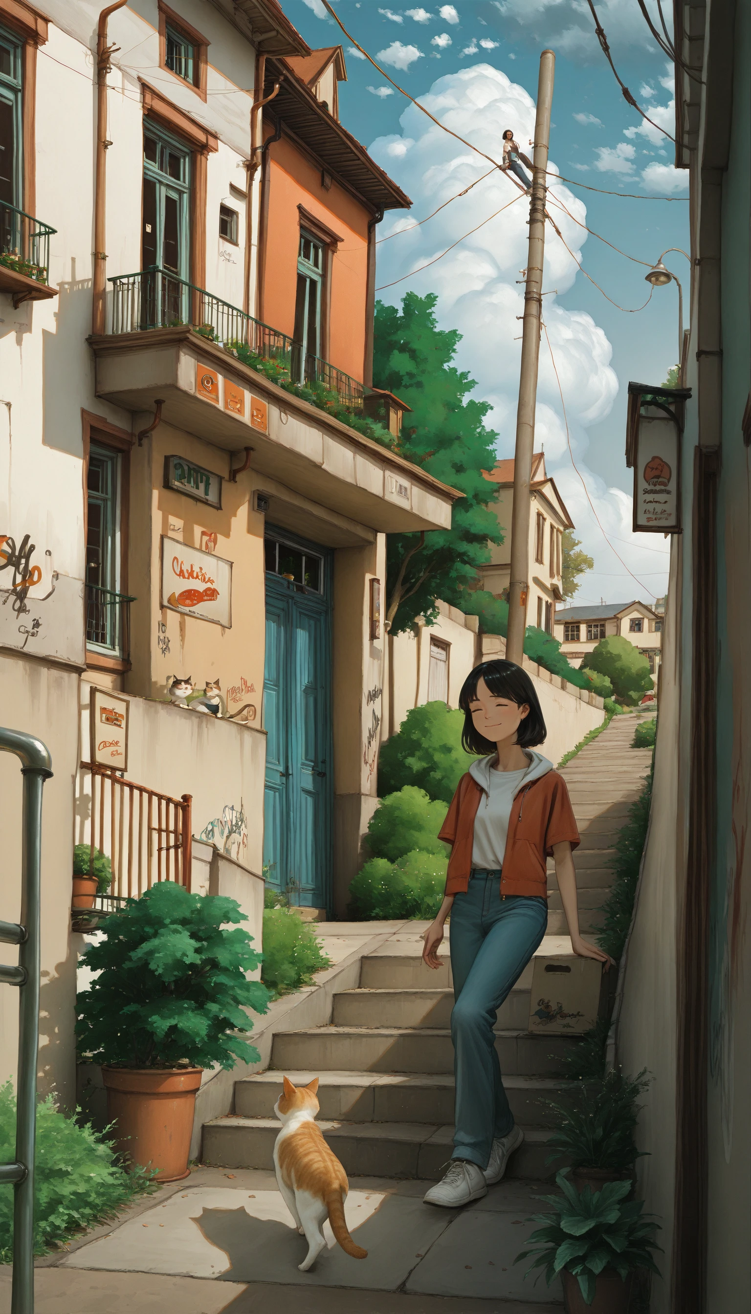 ((cartoon, traditional_media, original, landscape, cowboy_shot, dutch angle))
((on-the-brink, (1girl, solo, solo_focus, light_smile), black_hair, short_sleeves, sky, shoes, outdoors, day, cloud, pants, tree, blue_sky, window, hoodie, shadow, leaf, cat, cloudy_sky, grass, denim, white_footwear, plant, building, t-shirt, box, scenery, red_jacket, walking, jeans, stairs, sign, fence, door, railing, road, blue_pants, potted_plant, bush, wall, house, wide_shot, power_lines, lamppost, street, utility_pole, road_sign, ladder, path, town, pipes, graffiti, grey_sky, balcony, alley))