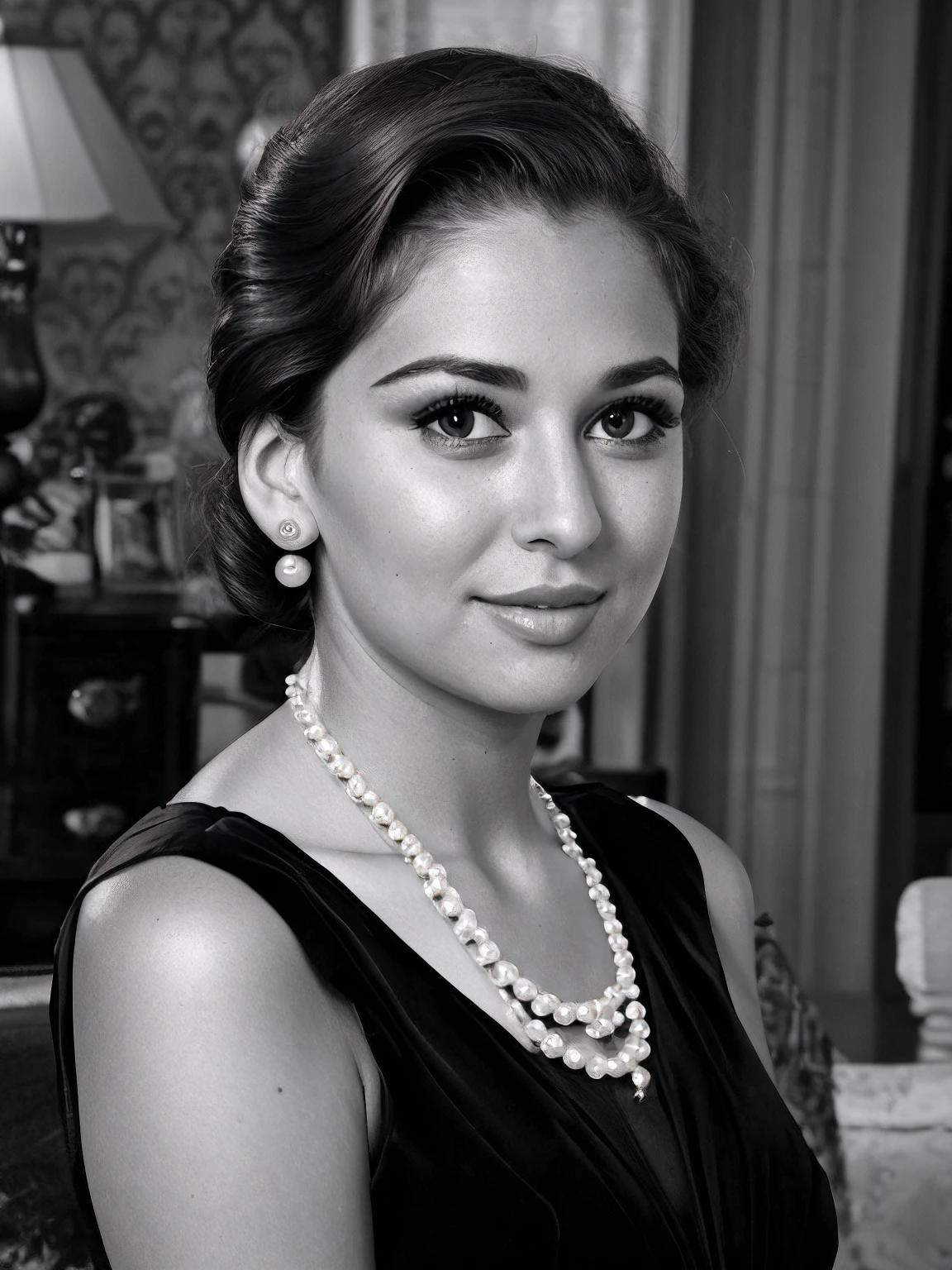 luvv, face details, A photo-realistic portrait, ((formal hairdo)), sepia, pearl necklace, pearl earrings, upper torso, 1950's style woman formal dress, looking beautiful, expressive face, monochrome