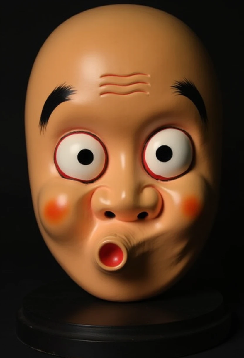 A close-up of the mask, placed on an expensive black lacquered stand,hyottoko, <lora:hyottoko:1>,
