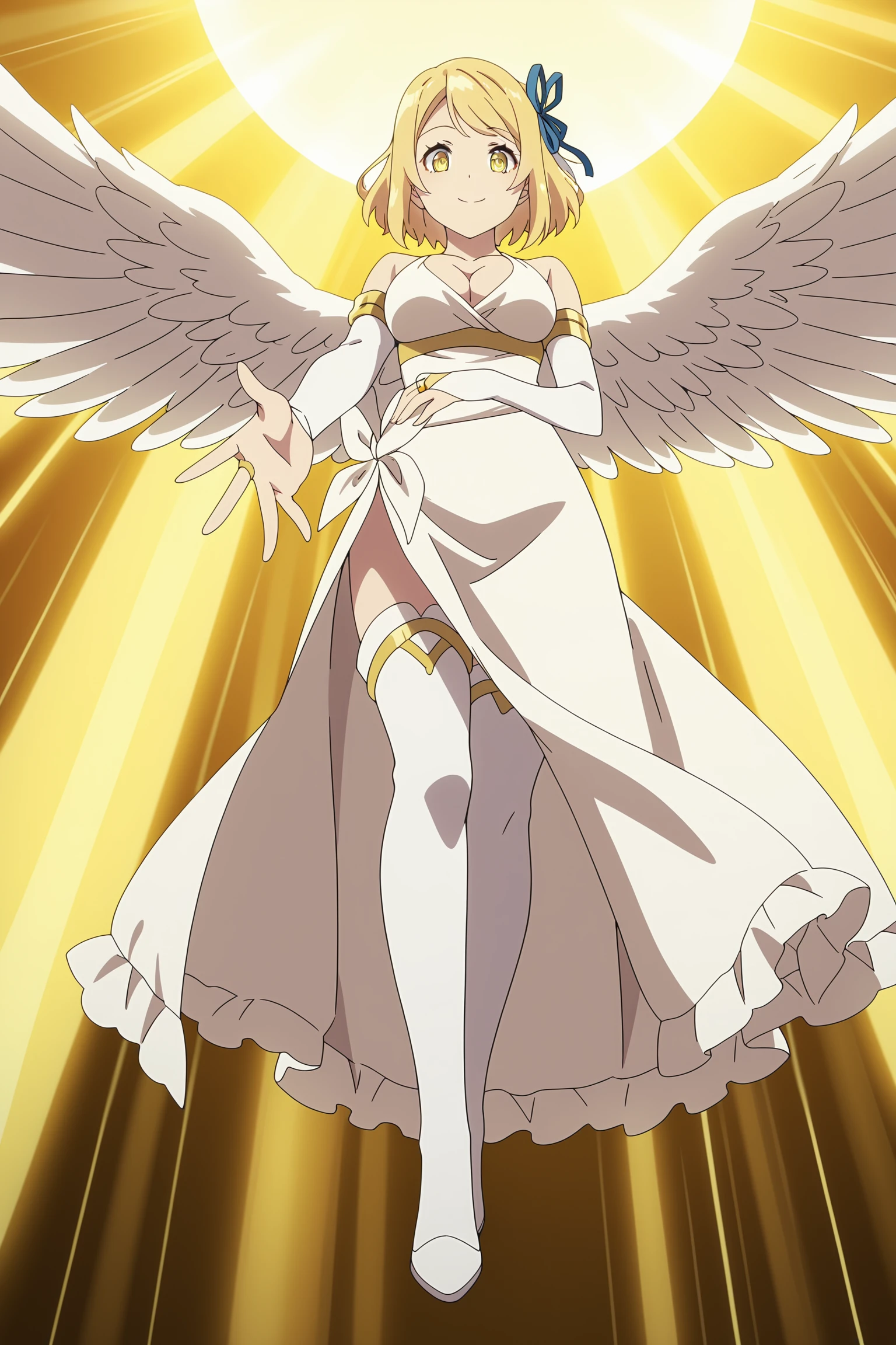 Tia full body, Golden Eyes, Blonde, short hair, Blue Ribbon, Large Breasts, Removable sleeves, White Dress, A light smile, forest, (masterpiece:1.2), Highest quality, Absurd, Highly detailed wallpaper, Perfect lighting,