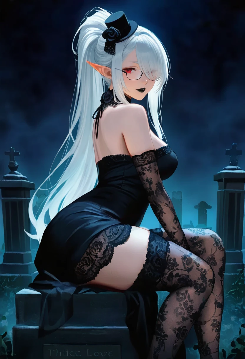 1girl, solo, (Mature Elf Female: 1.3), (Long White Hair Over One Eye in ponytail with long side bangs: 1.5), (glasses: 1.3), (Black Lipstick: 1.3), (Black Gothic Lace Mini Top Hat: 1.3), (Thicc Thighs: 1.3), (Thicc Calves: 1.3), (Big Ass: 0.8), (Slightly Plump: 1.2), tall, Curvy, (Medium breasts: 1.3), (Black Gothic Off-shoulder sleeveless strapless Lace Dress, Black Sheer Floral Lace stockings, Black Rose Bow Collar, Sheer Black Lace Elbow Gloves: 1.3), (Sitting on gravestone, legs crossed, hand rubbing leg, looking at viewer, seductive expression: 1.3, Seductive Pose, in a graveyard at night in the dark surrounded by a dark fog on the ground: 1.3), (View From Side Angle: 1.7), cowboy Shot: 1.3, Eyes Half Open: 1.3, Looking at viewer, Dark Lighting, Lowkey Lighting, Dark Colors, highly detailed masterpiece, High_Resolution_Textures, (stunning design:1.2), (stunning concept design), Intricately_Detailed_design, Legendary_masterpiece, Realistic_texturing, ultra_soft_texturing, Complex_texturing, Insanely_Flawless_Details, Legendary_Details, Full_Color_scheme, Detailed_color_scheme, Complex_colors, Complex_details
<lora:IL-lineart_adjust-mki:-1> <lora:il_brightness_slider_d1:-1> <lora:il_saturation_slider_d1:-1>