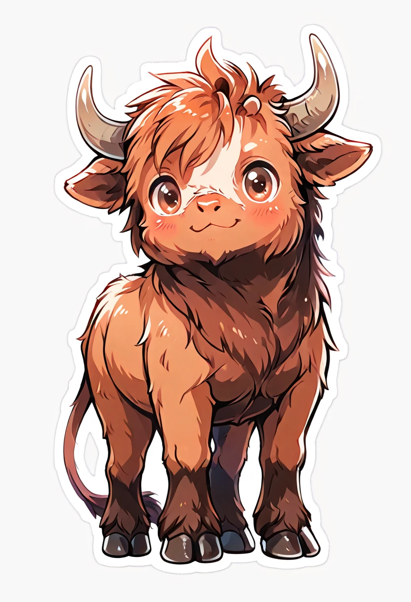 solo, looking at viewer, blush, smile, simple background, white background, brown eyes, closed mouth, full body, horns, no humans, :3, outline, white outline, animal focus, brown fur, fluffy, cow, highland cow ,<lora:KawaiiKritterIXL:1.0>,
