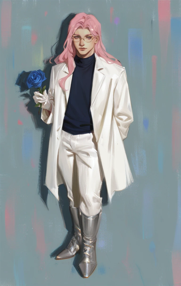 score_9, score_8_up, score_7_up, solo, blue rose flower, glasses, white jacket, white pants, long hair, sheath, arm behind back, grey boots, full body, holding flower, male focus, simple background, standing, 1boy, purple hair, colorful, digital painting, white gloves, shadow, light pink hair, white background <lora:fauxoil:1>