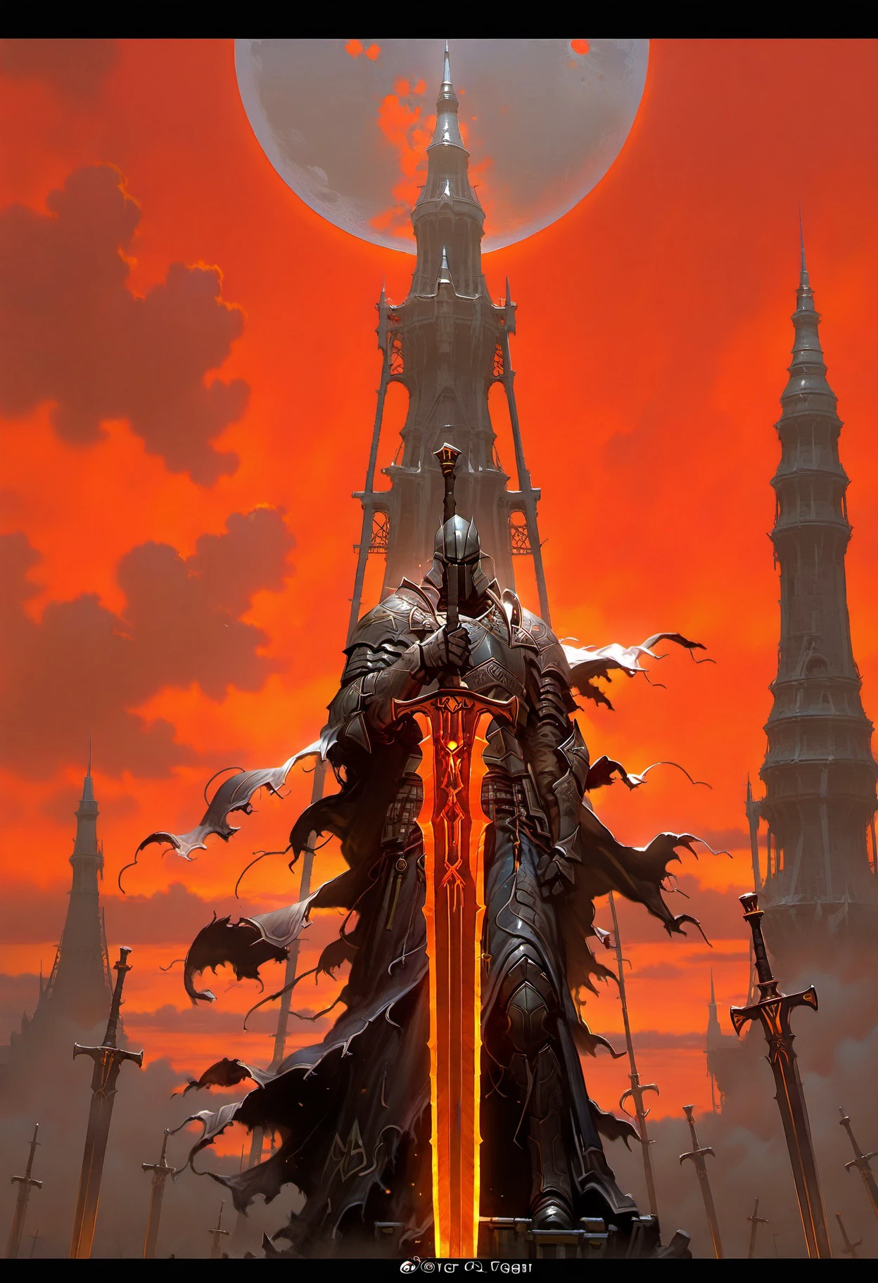 masterpiece, best quality, <lora:dark_fantasy_style_ill_v1:1> dark_fantasy, solo, 1boy, holding, standing, male focus, weapon, cloud, sword, holding weapon, armor, torn clothes, holding sword, moon, letterboxed, facing viewer, planted, tower, planted sword, red sky