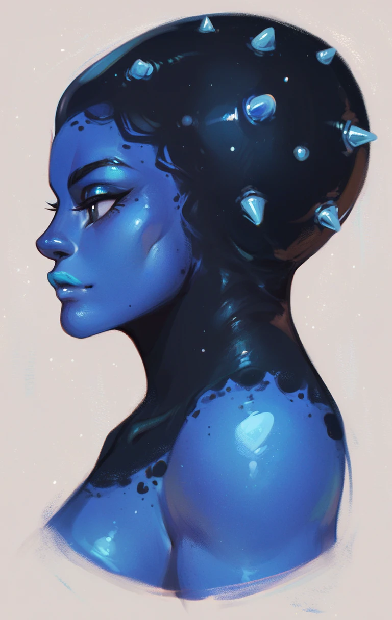 score_9, score_8_up, score_7_up, solo, blue lips, colored skin, white background, blue skin, simple background, profile, portrait, from side, 1girl, creature, african, spiked head, black eyes, monster girl <lora:fauxoil:1>
