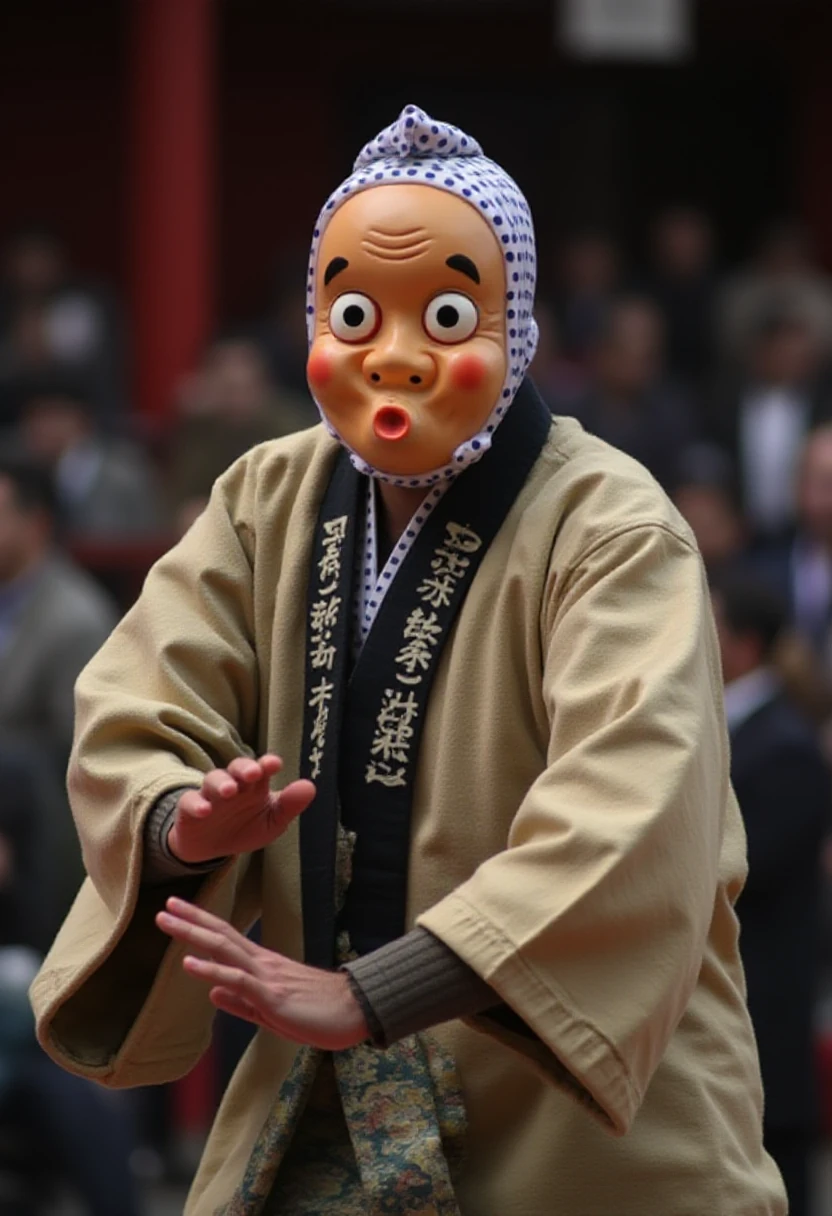 A masked man is dancing wearing a happi coat over his kimono, depth of field,hyottoko, <lora:hyottoko:1>