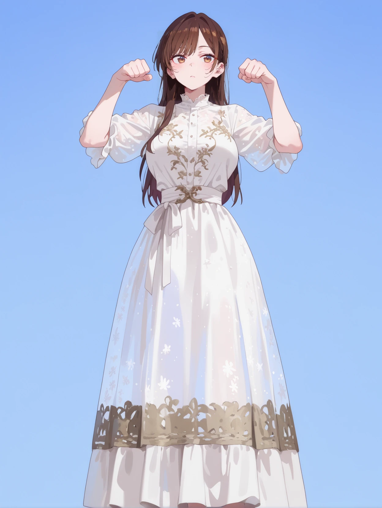 masterpiece,best quality,amazing quality,very aesthetic,absurdres,newest,
front view,full_shot,Thoughtful gaze,
ChinoseChizuruCYQL,1girl,solo,brown hair,long hair,bangs,brown eyes,large breasts,Elaborate lace gown with cascading ruffle skirt and intricate embroidery,
full body,standing,cat_pose,,
blueviolet background,simple background,
748cmstyle,EtherStyle,<lora:96YOTTEA-WAI:0.3>,<lora:EtherSDXL:0.4>,<lora:illustrious_all_rated_v1:0.5>,<lora:spo_sdxl_10ep_4k-data_lora_webui:0.6>,<lora:ponyv5_noobV065S_1_adamW:0.7>,<lora:748cmSDXL:0.8>,<lora:ChinoseChizuruCYQL:1>,