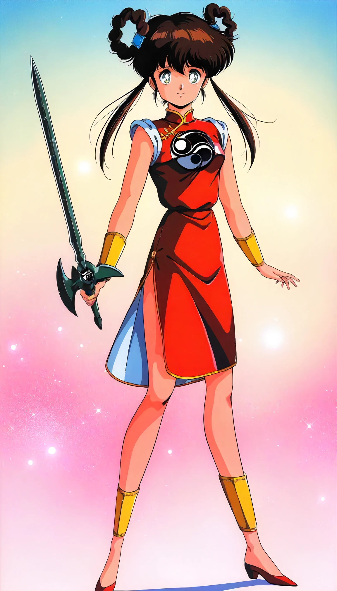 <lora:MHY_mano_youkoXLIllustrious001>,
masterpiece,best quality,good quality,newest,
glitter,
smile,
looking at viewer,
solo,
anime coloring,retro artstyle,1980s \(style\),
mano_youko\(mamono_hunter_youko\),1girl,brown hair,hair rings,twintails,green eyes,
red china_dress,sleeveless,yin yang,side slit,
bracer,
ankle guard,
high heels,
standing,
holding sword,