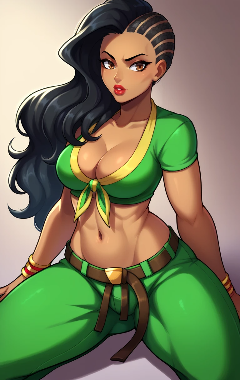 score_9,score_8_up,score_7_up,score_9,<lora:BlackWhiplash__Whiplashaarts_XL:0.75>,<lora:lauraV-10:1>,lauraSDXLmarlo,1girl,long hair,black hair,navel,cleavage,brown eyes,jewelry,midriff,belt,pants,dark skin,bracelet,dark-skinned female,lips,crop top,wavy hair,lipstick,front-tie top,asymmetrical hair,cowboy shot,kneeling,