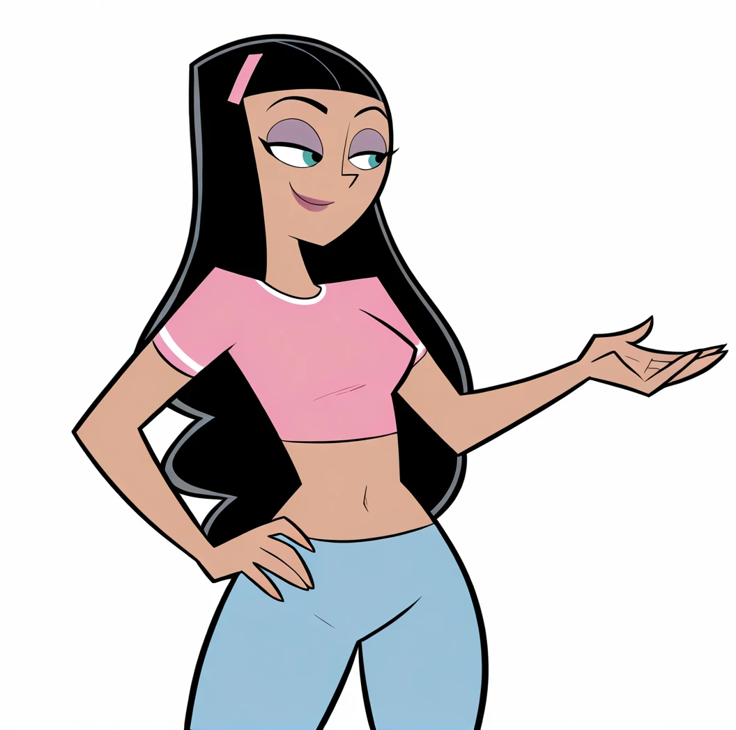 masterpiece, best quality, 4k, absurdres, highest quality, paulinadp, 1girl, solo, long hair, smile, simple background, shirt, hair ornament, white background, navel, hairclip, black hair, midriff, pants, dark skin, dark-skinned female, crop top, hand on hip, makeup, lipstick, eyeshadow, pink shirt, cropped shirt <lora:paulinaillustrious:1>