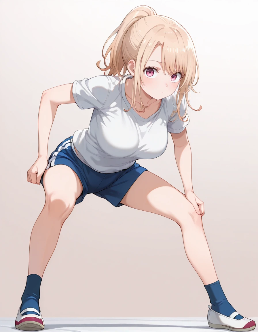 masterpiece, best quality, amazing quality,
1girl, solo, looking at viewer, gradient background, full body,
mona kawai (medakawa), long hair, blonde hair, parted bangs, pink eyes, ponytail,
gym outfit, white shirt, collarbone, short sleeves, blue shorts, blue socks, uwabaki,
exercising, streching legs,
<lora:mona_kawai-medakawa_s1-ixl-anime-soralz:1>