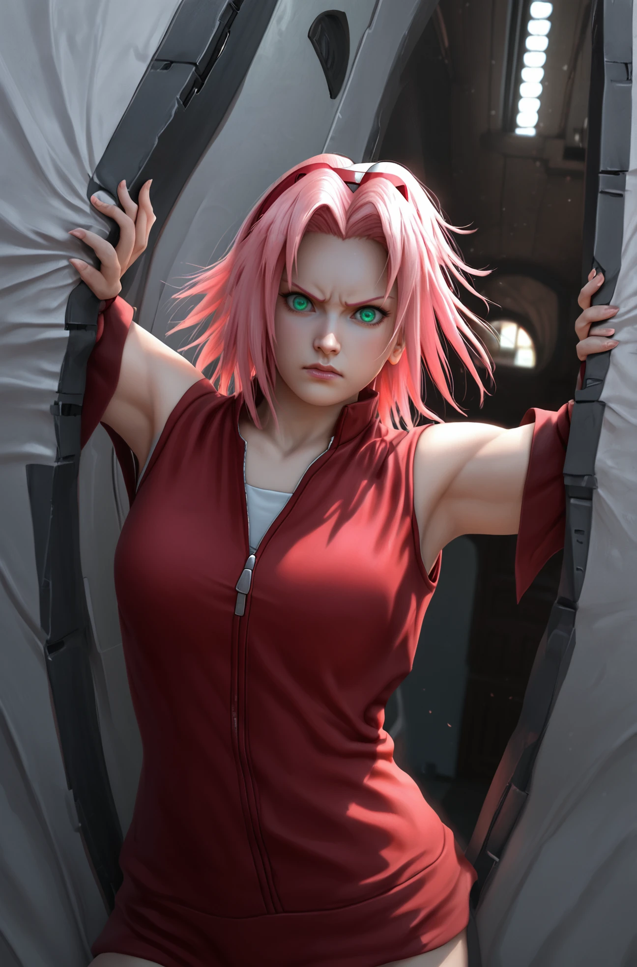 score_9, score_8_up, score_7_up, realistic,  soft lighting, 
, 1girl, solo <lora:Bendingn doors [pony]:1.2> bentdoors, metal doors, spread arms, hands on door, grabbing doors, 
haruno_sakura, naruto_(series), 1girl, pink_hair, green_eyes, angry, mad, looking at viewer, sleeveless clothes, zipper, full body,