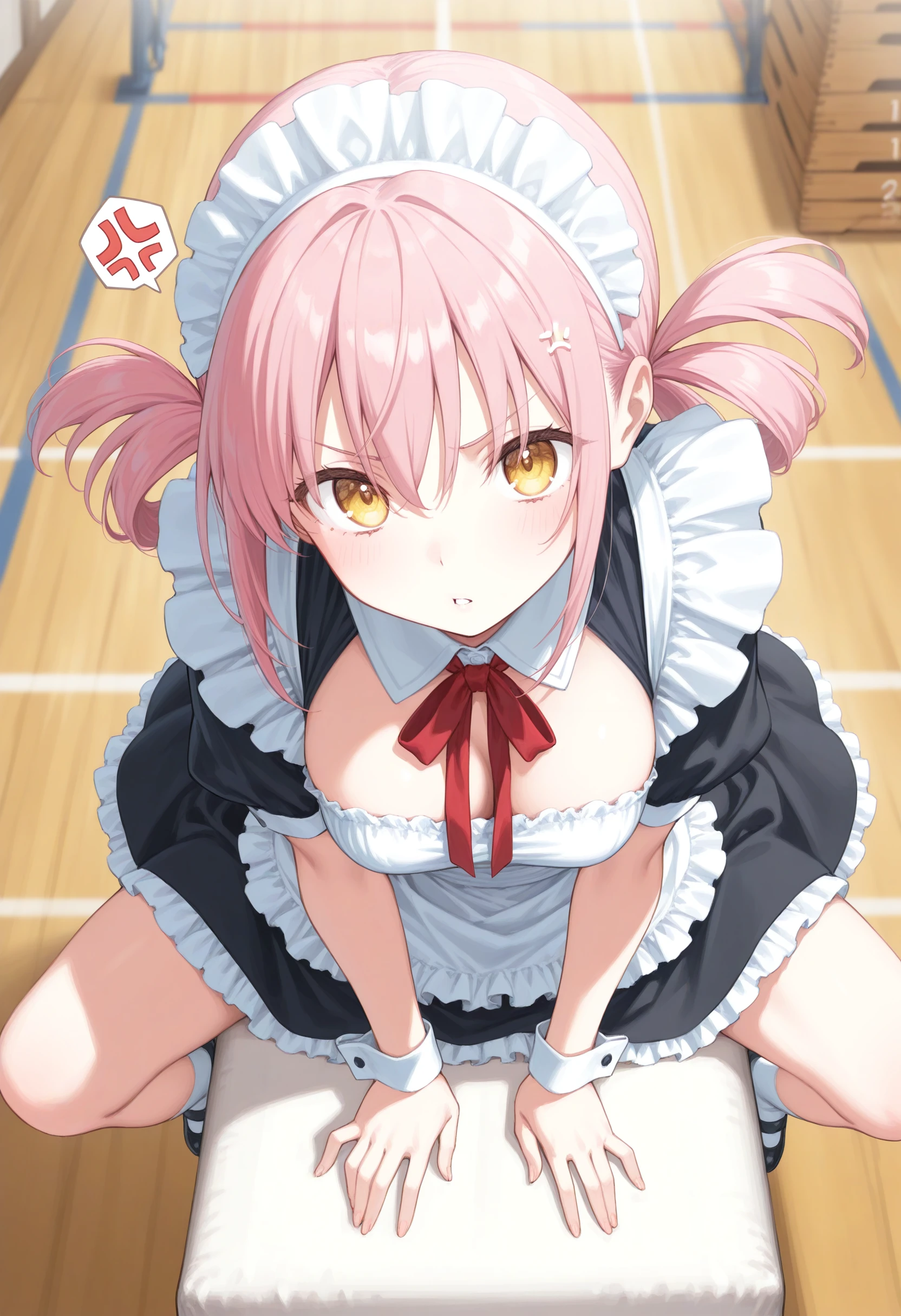 (masterpiece), (best quality), (ultra-detailed), (best illustration), (best shadow), (absurdres), (detailed background), (very aesthetic), mika jougasaki, 1girl, pink hair, long hair, ponytail, sidelocks, hair between eyes, yellow eyes, eyelashes, medium breast, nsfw, ass, 1boy, sex, penis reverse cowgirl position, straddling, torso grab, cum dump, cum drip, rating: explicit, maid, short sleeves, maid apron, maid headdress, black thighhighs, enmaided, frilled, whit apron, partially unbuttoned, no panties, open skirt, breasts, breasts out, nipples, pussy, vaginal, in luxurious reception hall, 