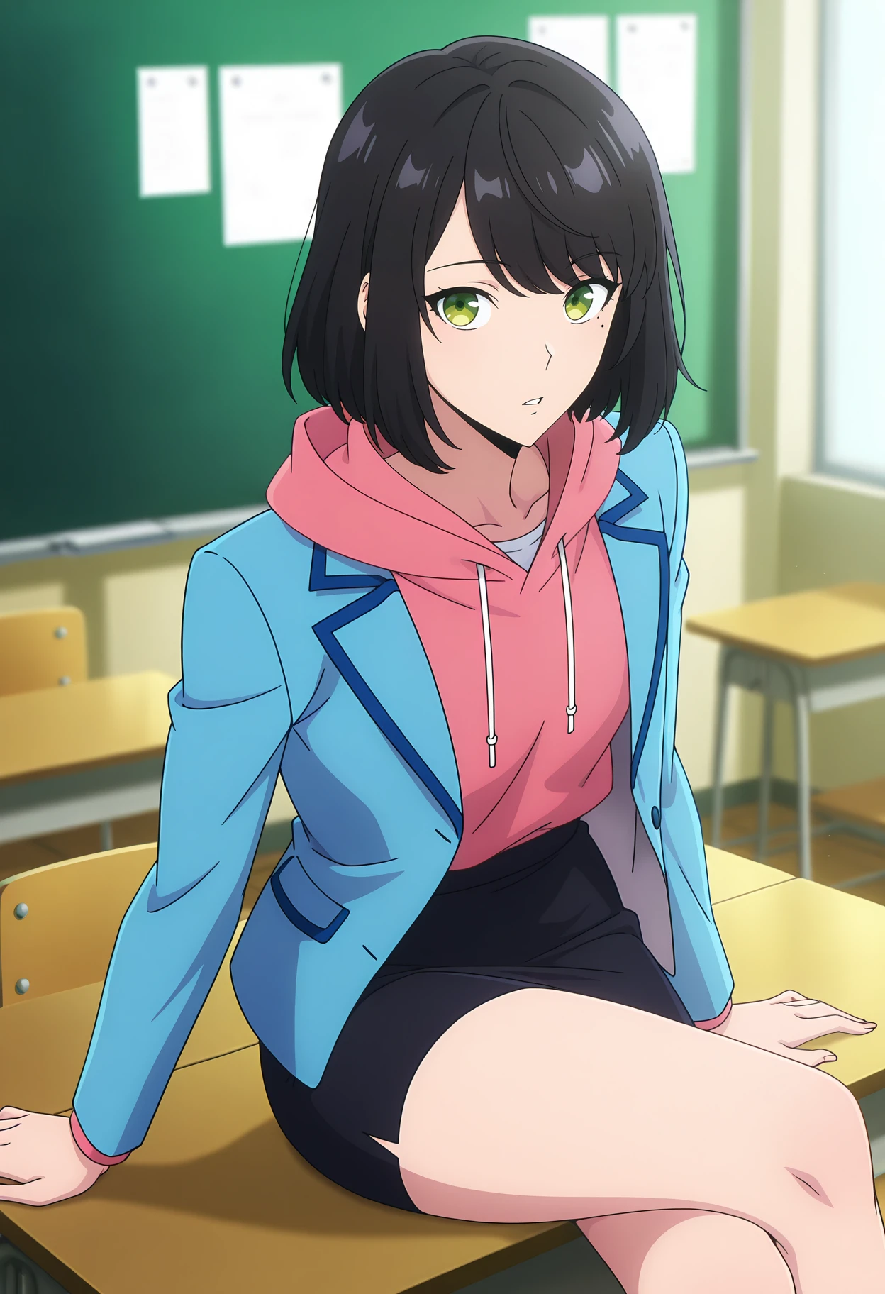 anime screencap, masterpiece, best quality,
<lora:SoloLeveling_HanSong-Yi_IlluXL:0.9>,
1girl, solo, parted lips,
medium hair, black hair, swept bangs, green eyes, mole under eye,
SongYiSchool, blazer, open jacket, blue jacket, pink hoodie, pencil skirt, black skirt,
sitting, on table, crossed legs, looking at the viewer,
indoors, classroom, blurry background