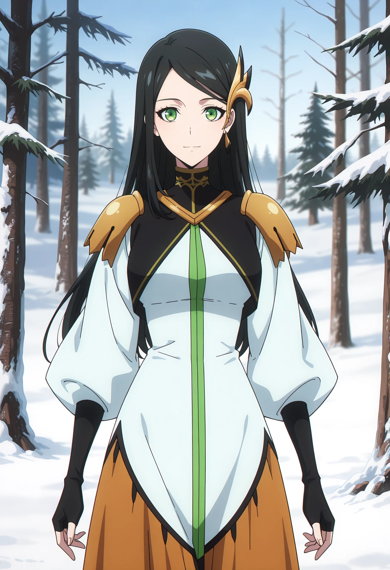 anime screencap, masterpiece, best quality,
<lora:SoloLeveling_ParkHeejin_IlluXL:0.9>,
1girl, solo, closed mouth, light smile,
long hair, swept bangs, parted bangs, black hair, green eyes, hair ornament,
HeejinDress, turtleneck dress, multicolored dress, shoulder pads, zipper, puffy long sleeves, orange skirt, fingerless gloves, black gloves,
standing, looking at the viewer, cowboy shot,
outdoors, pine tree, forest, snow, nature, day, blurry background