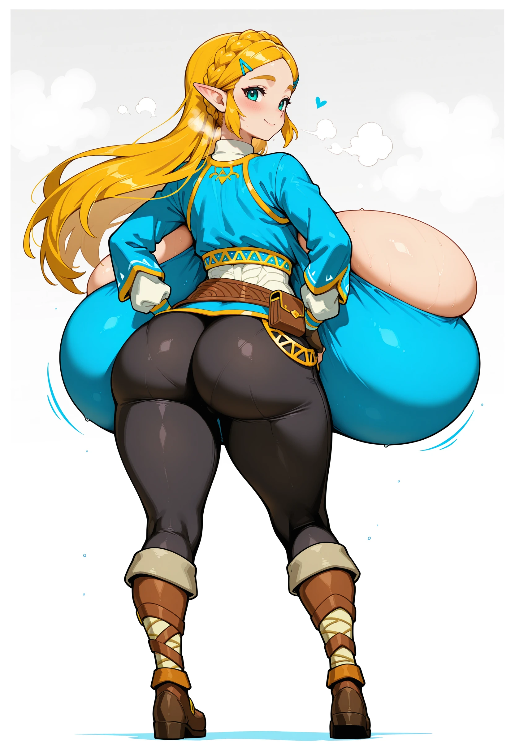 Score_9, score_8_up, score_7_up, Expressiveh, blush, surprised, wide eyes, embarrassed, frown,
volumetic lighting, indoors, fat ass, thick thighs, voluptuous, curvy body, slim waist,
shiny, shiny skin,
2girls, standing, face to face, grabbing ass, grabbing each others Ass, hugging, from side,
Fart, farting, big fart, huge fart, massive fart, hyper fart, green fart, sound effects, onomatopoeia,
green eyes, braid, blonde hair, long hair, pointy ears, hairclip, crown braid, princess zelda, pants, black pants, short hair