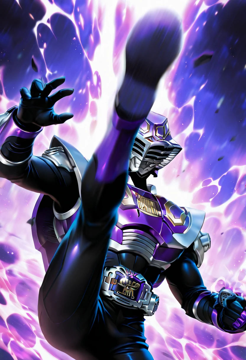 krouja,solo,1boy,white background,holding,upper body,armor,bodysuit,helmet,tokusatsu,rider belt,pose<lora:oujaIL:1>purple theme,jump kick, very awa, masterpiece, best quality, amazing quality, very aesthetic, absurdres, newest,<lora:spo_sdxl_10ep_4k-data_lora_webui:1>