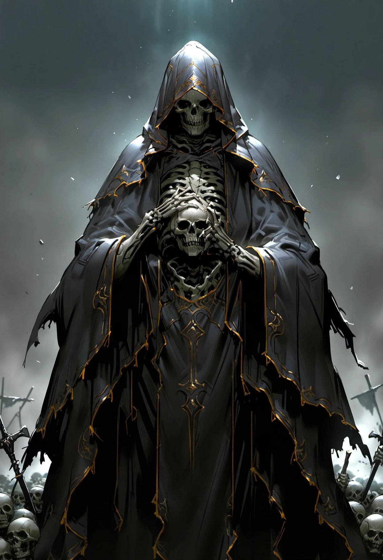 masterpiece, best quality, <lora:dark_fantasy_style_ill_v1:1> dark_fantasy, solo, 1boy, holding, male focus, weapon, hood, wide sleeves, cloak, hood up, robe, skull, hooded cloak, skeleton, hooded robe