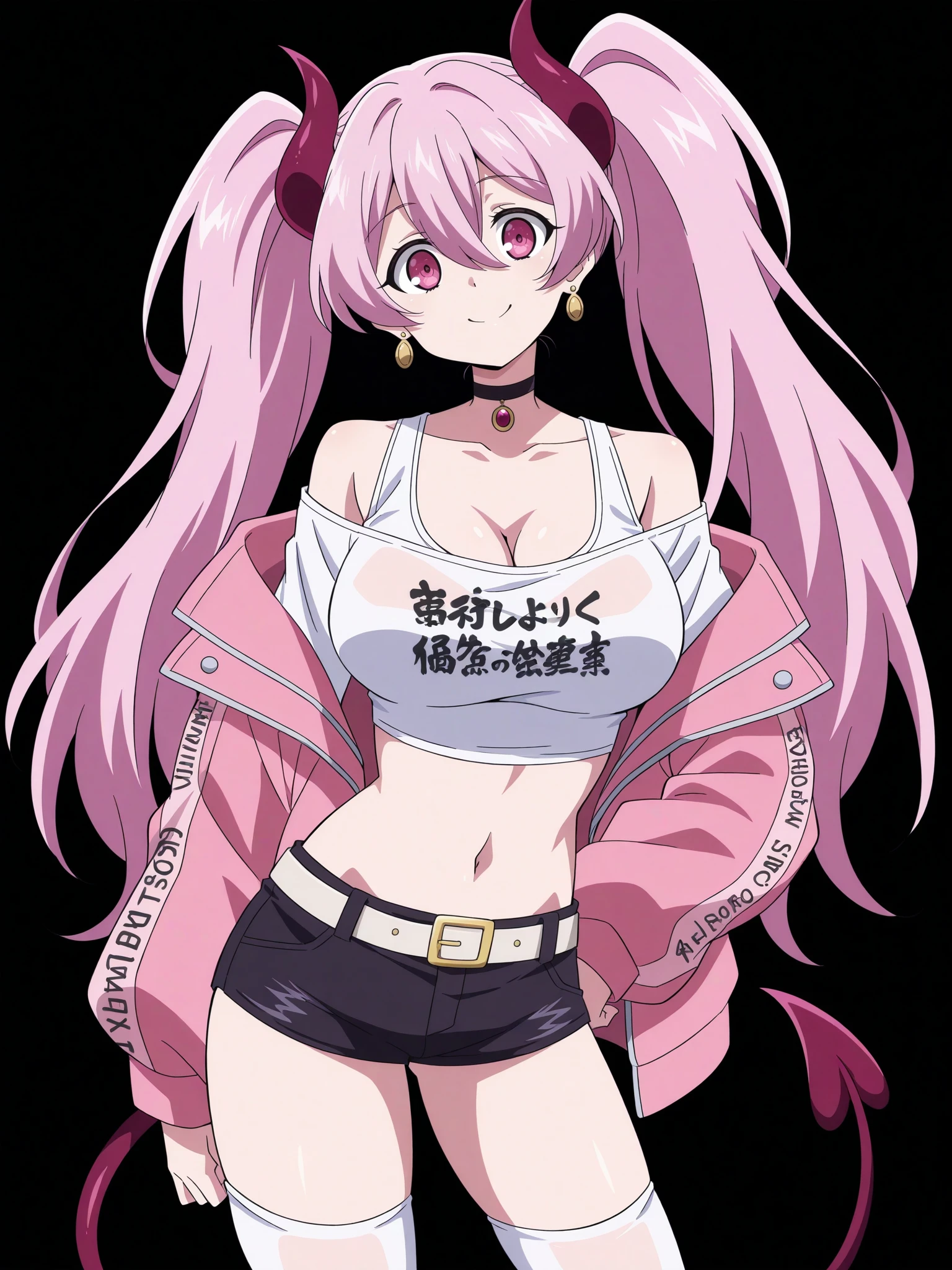 1girl, solo, breasts, tail, pink_hair, horns, demon_tail, shorts, jacket, twintails, large_breasts, smile, looking_at_viewer, long_hair, navel, choker, black_background, pink_eyes, short_shorts, belt, demon_girl, pink_jacket, demon_horns, simple_background, tank_top, open_jacket, cleavage, black_shorts, open_clothes, thighhighs, off_shoulder, bare_shoulders, closed_mouth, head_tilt, hair_between_eyes, cowboy_shot, jewelry, micro_shorts, collarbone, black_choker, white_thighhighs, crop_top, bangs, earrings, clothes_writing, shirt, midriff, standing, see-through, contrapposto, long_sleeves,
<lora:Record_Of_Ragnarok_Illustrious_SD8:1>