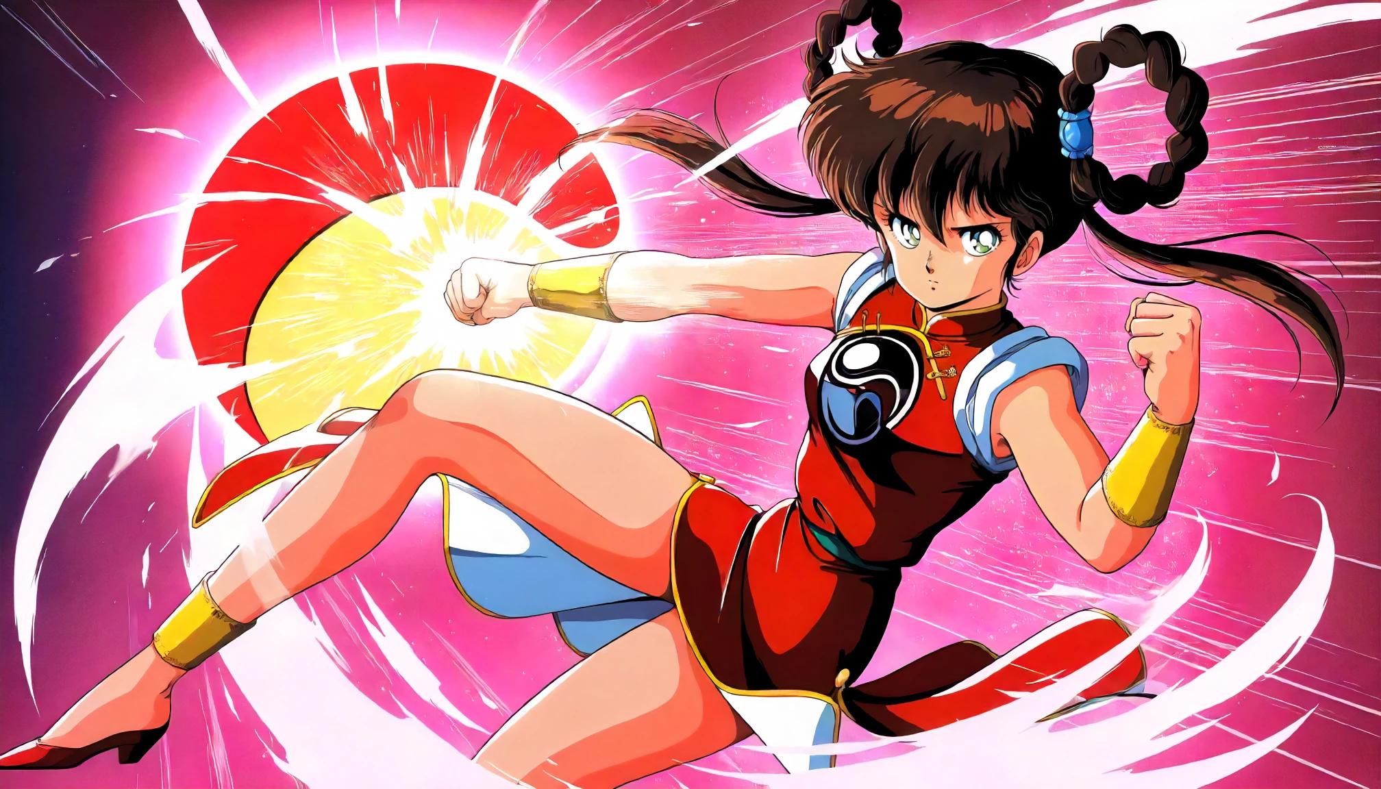 <lora:MHY_mano_youkoXLIllustrious001>,
masterpiece,best quality,good quality,newest,
glitter,
serious,
looking at viewer,
solo,
anime coloring,retro artstyle,1980s \(style\),
mano_youko\(mamono_hunter_youko\),1girl,brown hair,hair rings,twintails,green eyes,
red china_dress,sleeveless,yin yang,side slit,
bracer,
ankle guard,
high heels,
(motion_blur:1.3),(motion line:1.2),(speed_lines:1.1),
speech bubble,sound effects,
fighting_stance,magic,aura effect,punching,fist,