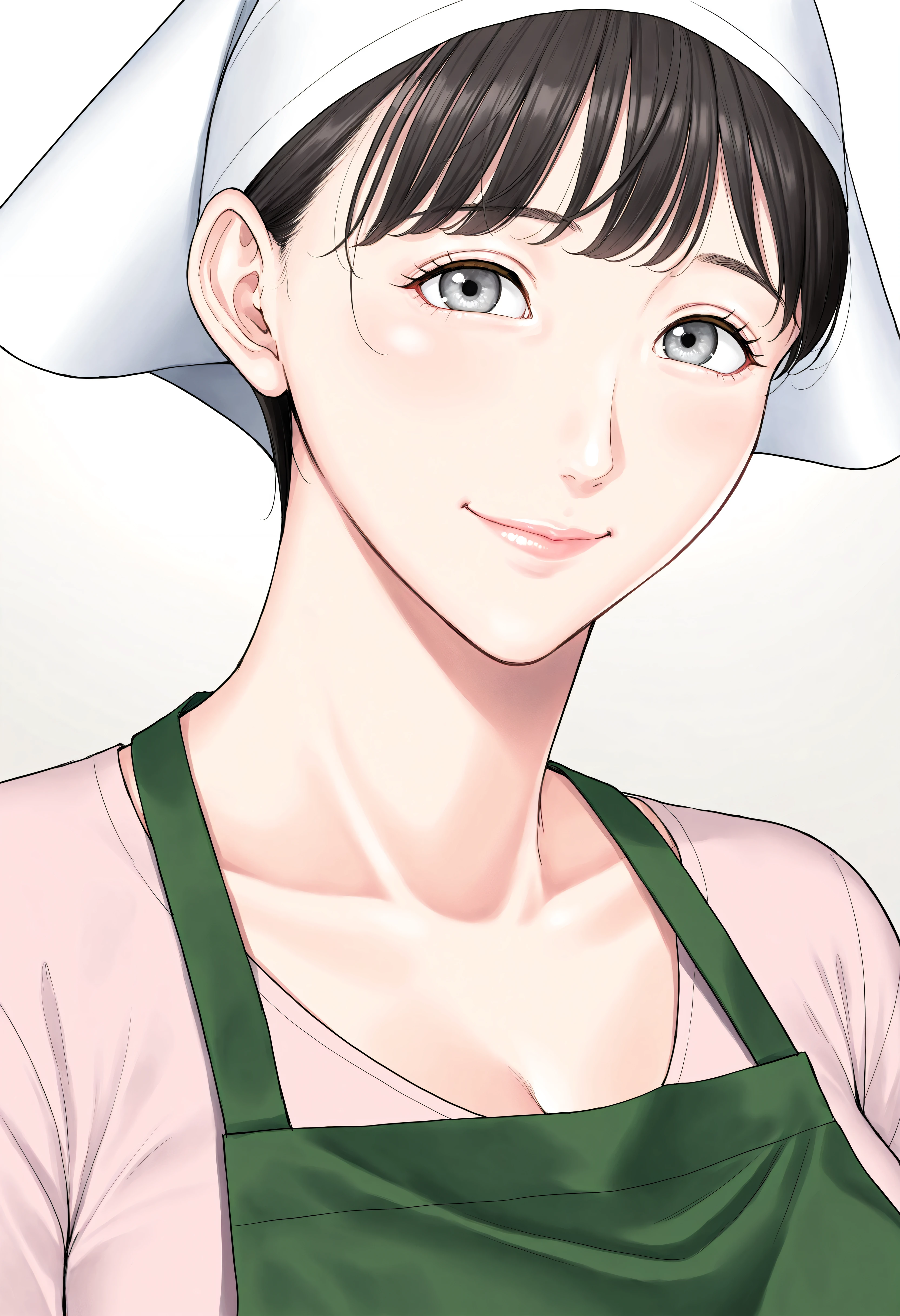 masterpiece, best quality, very aesthetic, absurdres, highres, newest, realistic, game_cg, Kise, 1girl, solo, looking at viewer, smile, short hair, black hair, hat, closed mouth, grey background, black eyes, lips, gradient, grey eyes, gradient background, white headwear, portrait, close-up, hat, large breasts, green apron