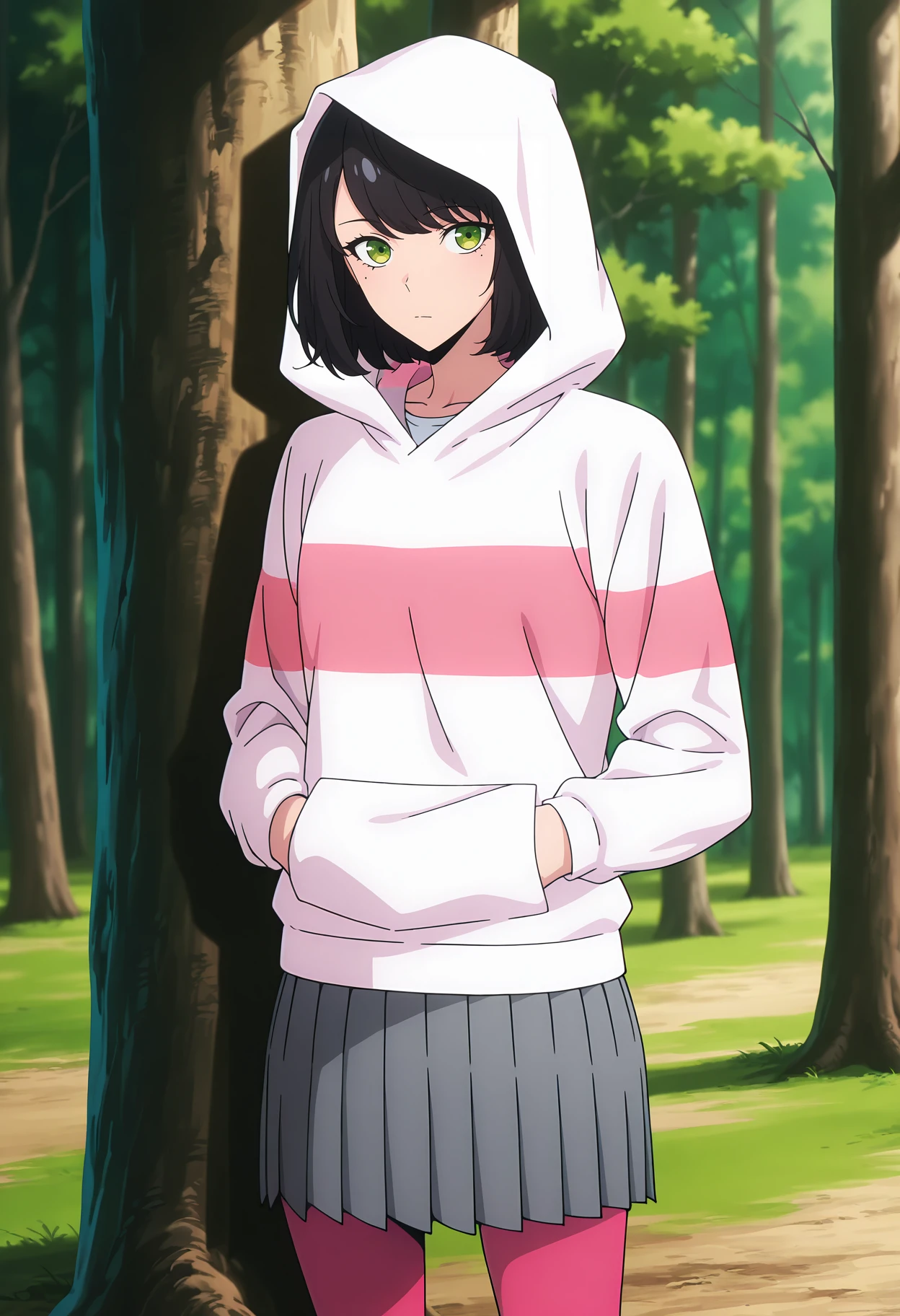 anime screencap, masterpiece, best quality,
<lora:SoloLeveling_HanSong-Yi_IlluXL:0.9>,
1girl, solo, closed mouth,
medium hair, black hair, swept bangs, green eyes, mole under eye,
SongYiCasual, hood up, striped hoodie, white hoodie, pink hoodie, pleated skirt, grey skirt, pink pantyhose, hands in pockets,
standing, looking at the viewer, cowboy shot,
outdoors, tree, forest, nature, blurry background