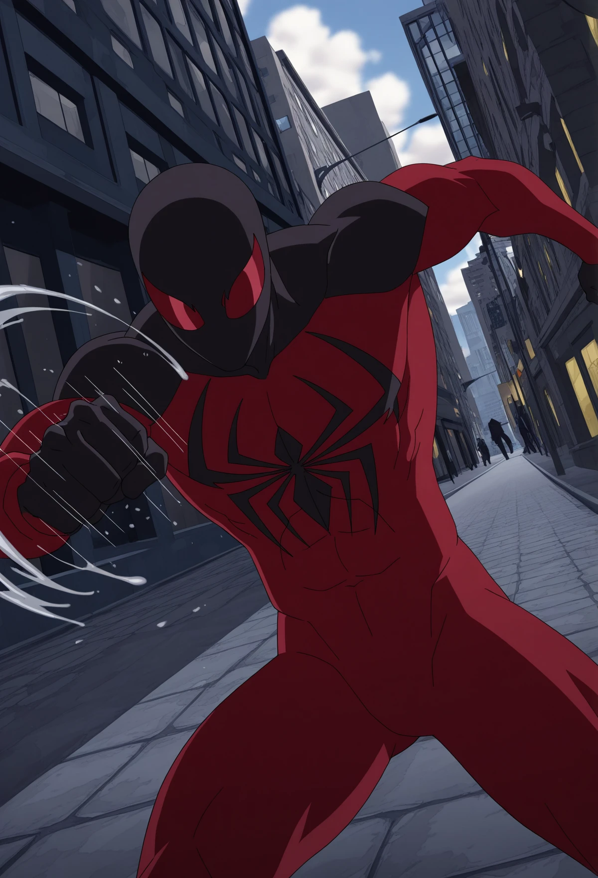masterpiece,best quality,very aesthetic,absurdres,newest,1boy,solo,scarletspdr, red bodysuit, black bodysuit, black spider emblem, chest emblem, black mask, red eyes,fighting,pov punch,<lora:Ultimate_web_warriors:0.7>,city street,daytime