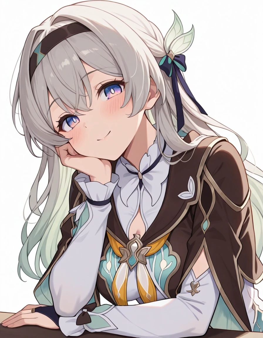 (masterpiece), (best quality), (ultra-detailed), illustration, disheveled hair, detailed eyes, perfect composition, moist skin, intricate details BREAK, Fireflydef, long hair, grey hair, green hair, purple eyes, blue eyes, multicolored eyes, medium breast, FF_hairband, FF_hair_ornament, FF_shirt, FF_detached_sleeves, FF_jacket, single bridal gauntlet, FF_bridal_gauntlet, 1girl, solo, looking at viewer, white background, looking at viewer, face focused, smile, very good lighting, (((detailed face, detailed fingers))), upper body, clothing cutout, blush, sitting, hand support, head rest