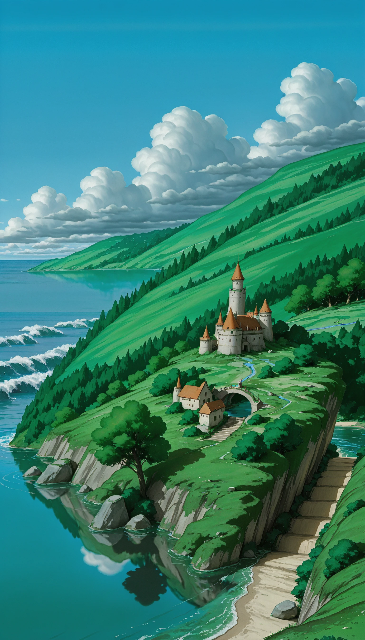 ((cartoon, traditional_media, original, landscape, cowboy_shot, dutch angle))
((on-the-brink, original, sky, outdoors, day, cloud, water, tree, blue_sky, no_humans, shadow, ocean, beach, cloudy_sky, grass, building, nature, scenery, forest, reflection, stairs, rock, fantasy, horizon, watercraft, wall, house, ruins, bridge, castle, river, ship, pillar, tower, landscape, waves, lake, shore, hill, cliff, moss, still_life))