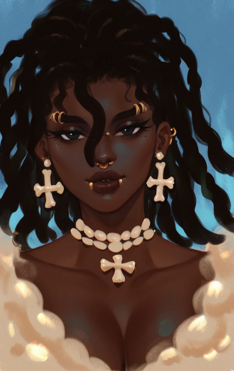 score_9, score_8_up, score_7_up, solo, dark skin, 1girl, black eyes, dark-skinned female, very dark skin, dreadlocks, looking at viewer, puffy lips, upper body, (Tusk shape Cow Bone Earrings) <lora:fauxoil:1>