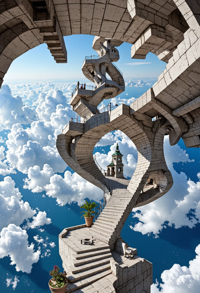 <lora:Pieper-Geometrics-Perspective:0.8>,A towering staircase spiraling infinitely into the sky, blending with the clouds in Escher's style, Geometric and Impossible Structures,
