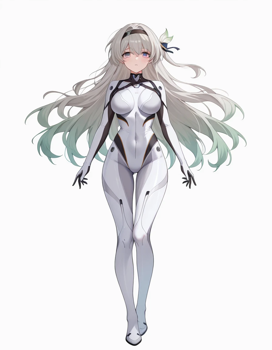 (masterpiece), (best quality), (ultra-detailed), illustration, disheveled hair, detailed eyes, perfect composition, moist skin, intricate details BREAK, AR26710, long hair, grey hair, green hair, purple eyes, blue eyes, multicolored eyes, medium breast, skin tight, AR_bodysuit, FF_hairband, 1girl, solo, looking at viewer, white background, white background, full body, (((detailed face)))