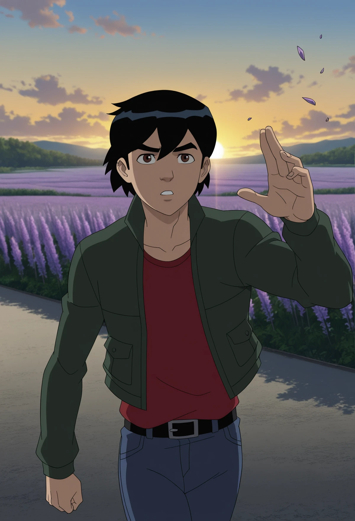 masterpiece,best quality,very aesthetic,absurdres,newest,1boy,solo,amadeus cho,black hair, brown eyes,green jacket,high collar jacket,red tshirt,blue jeans,black belt,Walking, throwing something in the air,lavender fields, bloom, sunset horizon,<lora:Ultimate_web_warriors:0.7>,