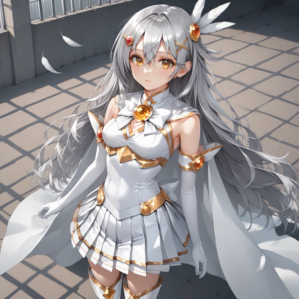 white skirt, , long hair, hair clip, ribbon, elbow gloves, pleated skirt, Amber eyes, white top, Magical Girl, golden brooch, white bow, white gloves, hair between eyes, miniskirt, white cape, thigh boots, white boots, (Silver hair:1.2), white ribbon, hair feather ornament