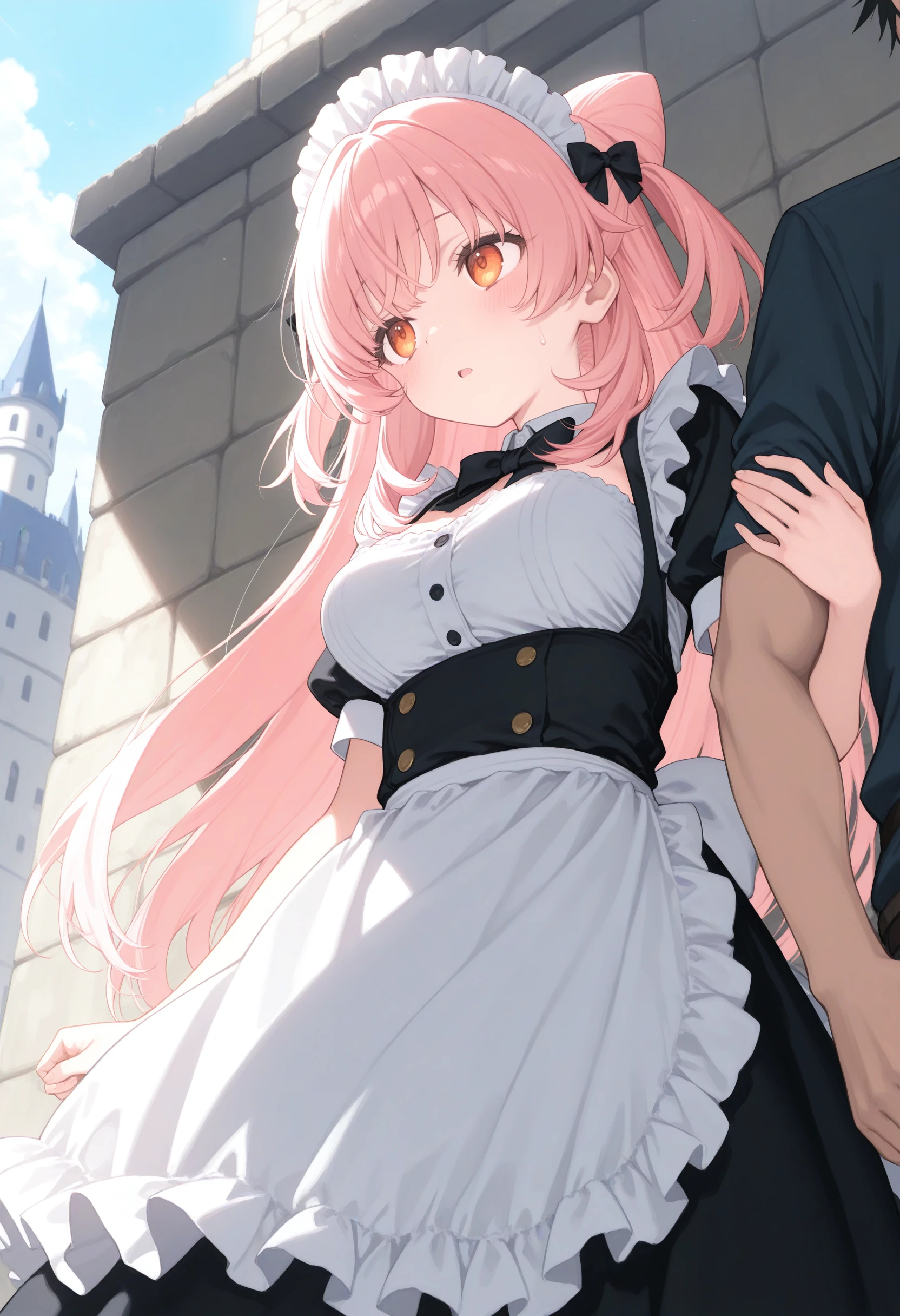 1girl,(sho \(sho lwlw\):0.7),(toosaka asagi:0.5),(sincos:0.3),solo,
masterpiece, best quality, newest, absurdres, CG, anime, source anime, illustration,
maid, maid headdress,medium breasts,
arm hug,solo focus, out of frame, holding another's arm, <lora:armhug_Illust_v1:0.8>
from below, wide shot, looking away, pink hair, orange eyes,depressed, at castle, open mouth, bow-shaped hair,