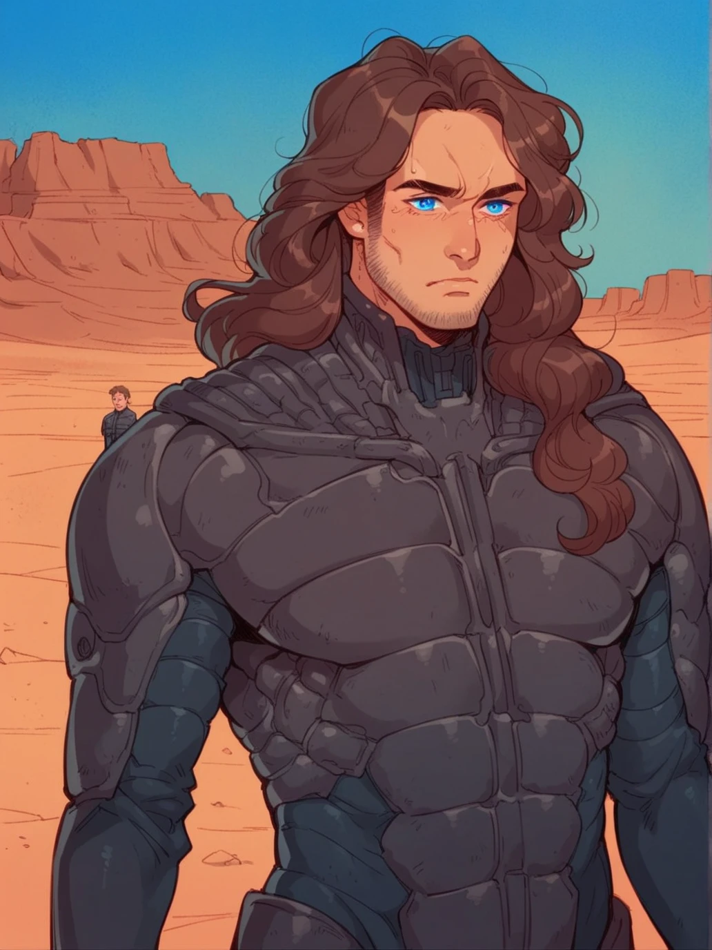 score_9, score_8_up, score_7_up, <lora:stillsuit-1984:1> lyncsuit_ponyv1, science fiction, blue eyes, barren desert, matte black bodysuit, 1boy, (clear) blue sky, waist up portrait, <lora:HeavyMetalStyle:0.8> HeavyMetalStyle, long hair, brown hair