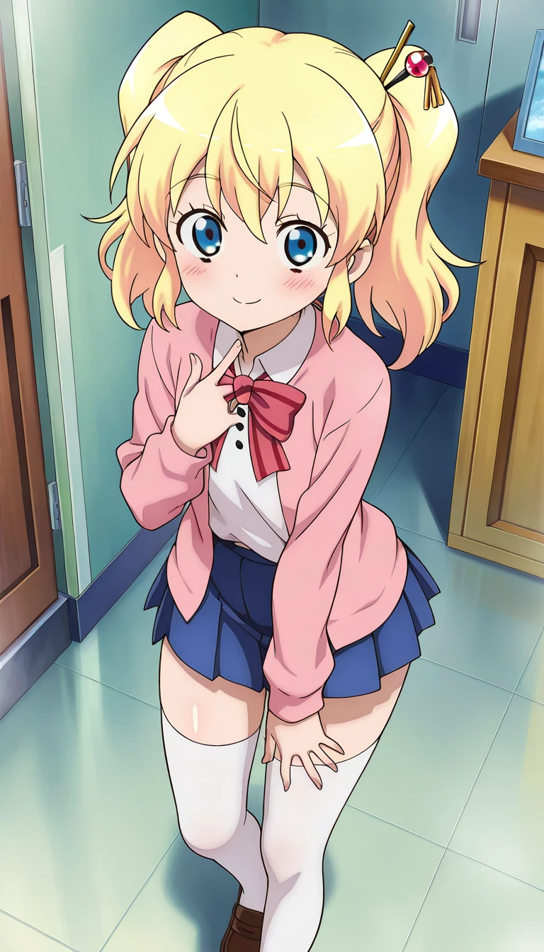 Browsing Caution,blonde,Twin tails,((Very small boobs)),Flat chest,(((steam around pussy))),((pink cardigan,school girl uniform,blue skirt,bed,white high socks)),((sweat,blush)),((happy,smile)),Alice Cartlet,((holding panties)), (pantie ayatori),show panties,holding panties both hands,wet panties