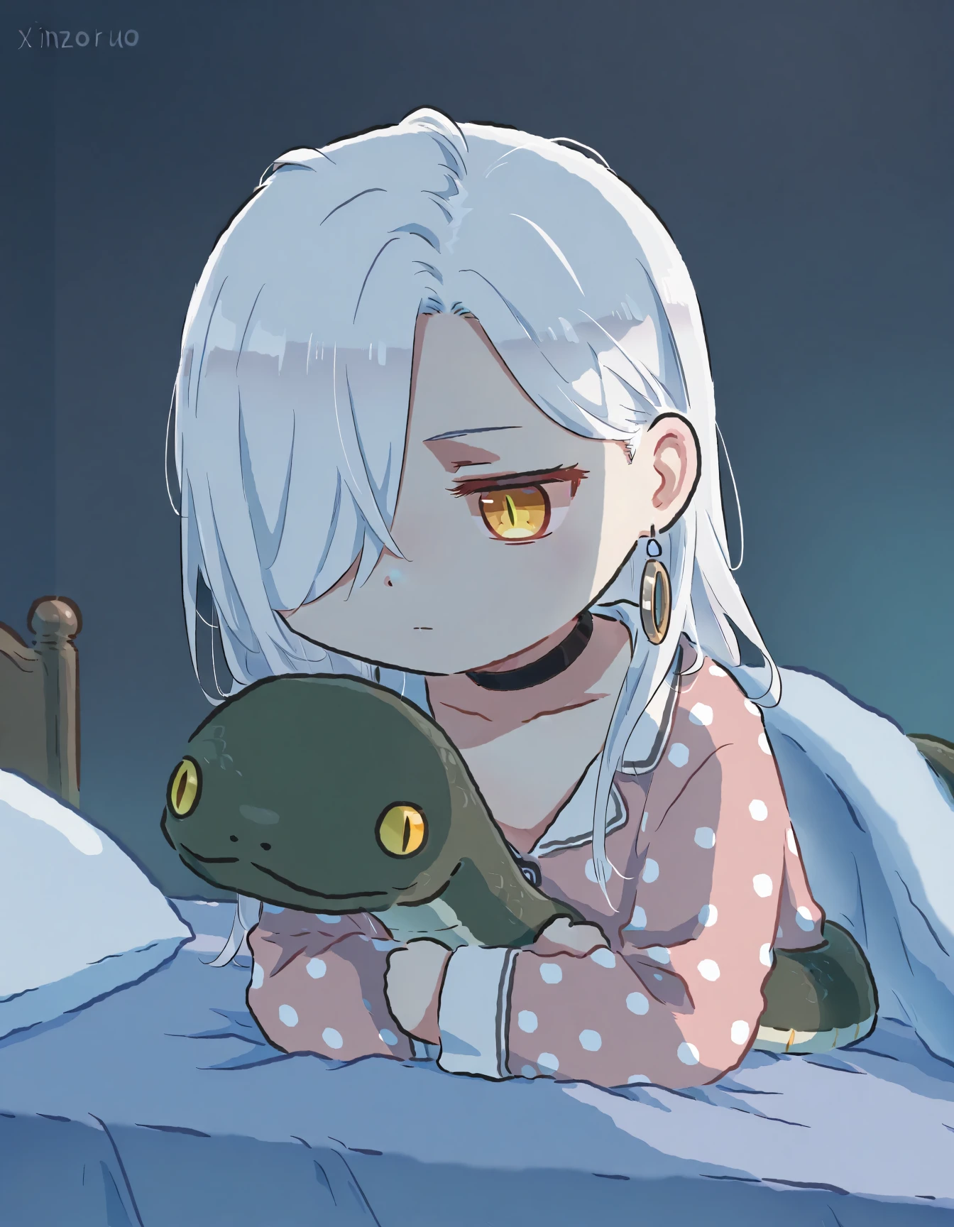 xinzoruo, chibi, masterpiece, best quality, dark, 1girl, jewelry, single earring, hoop earrings, yellow eyes, slit pupils, black choker, hugging stuffed animal, stuffed snake, hair over one eye,long hair, collarbone, white hair, one eye covered, hair behind ear, polka dot pajamas, on bed <lora:omisan-illu-byananas-v1:1>