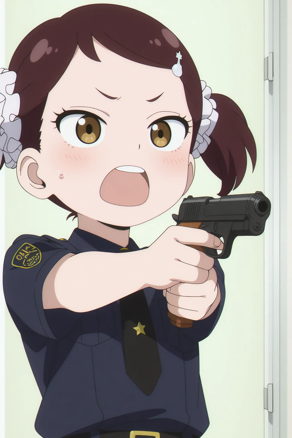 newest, anime coloring, anime screencap, Becky Blackbell, police uniform, pointing_at_viewer, holding_gun <lora:Spy_X_Family_-_Becky_Blackbell-Illustrious:0.8>