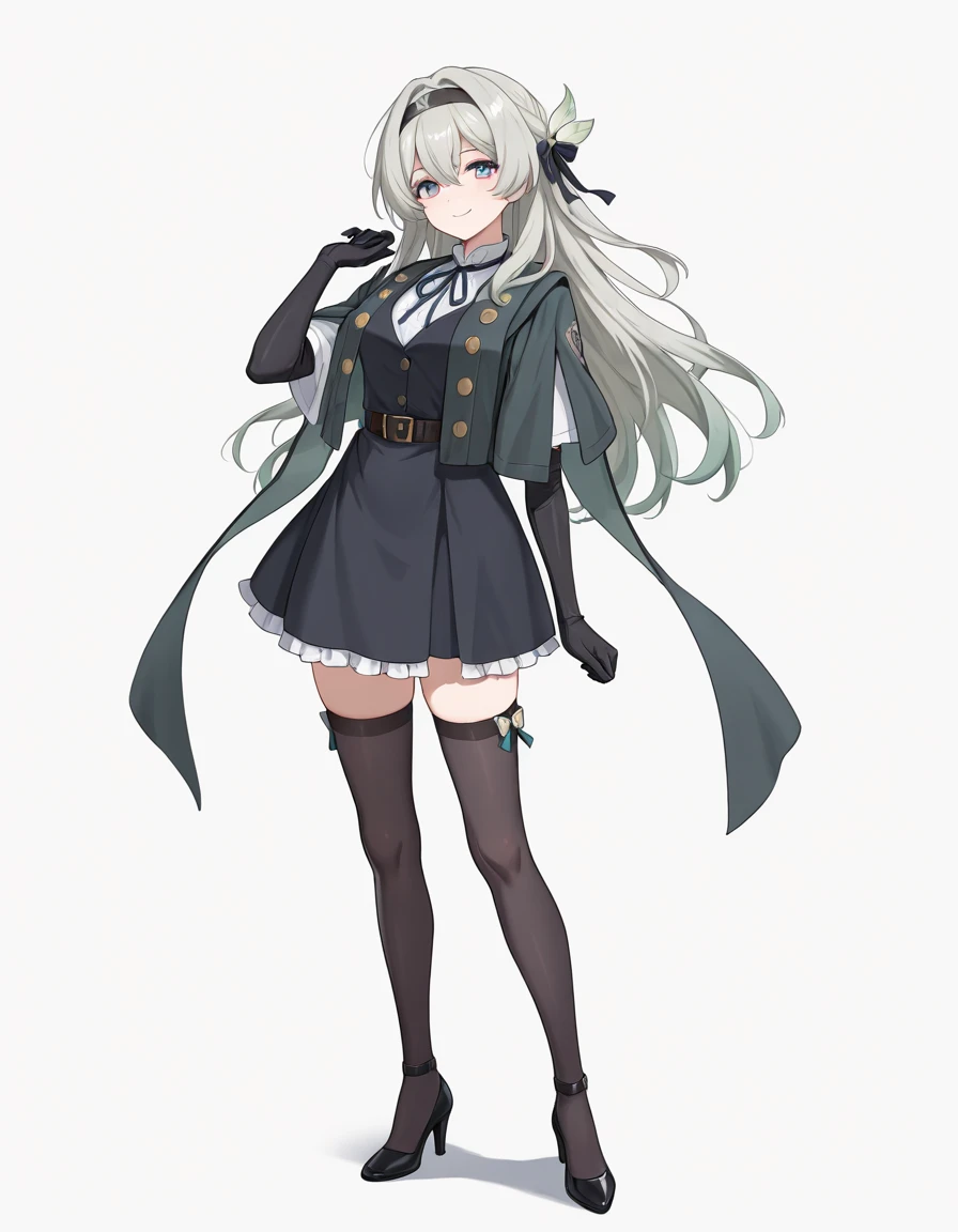 (masterpiece), (best quality), (ultra-detailed), illustration, disheveled hair, detailed eyes, perfect composition, moist skin, intricate details BREAK, Fireflysuit, grey hair, purple eyes, blue eyes, multicolored eyes, 1girl, solo, long hair, green hair, frills, belt, FF_hairband, FF_hair_ornament, JR_jacket, JR_skirt, JR_gloves, looking at viewer, white background, standing, smile, hand up, neck ribbon, full body, high heels, JR_thighhighs, black vest, white shirt