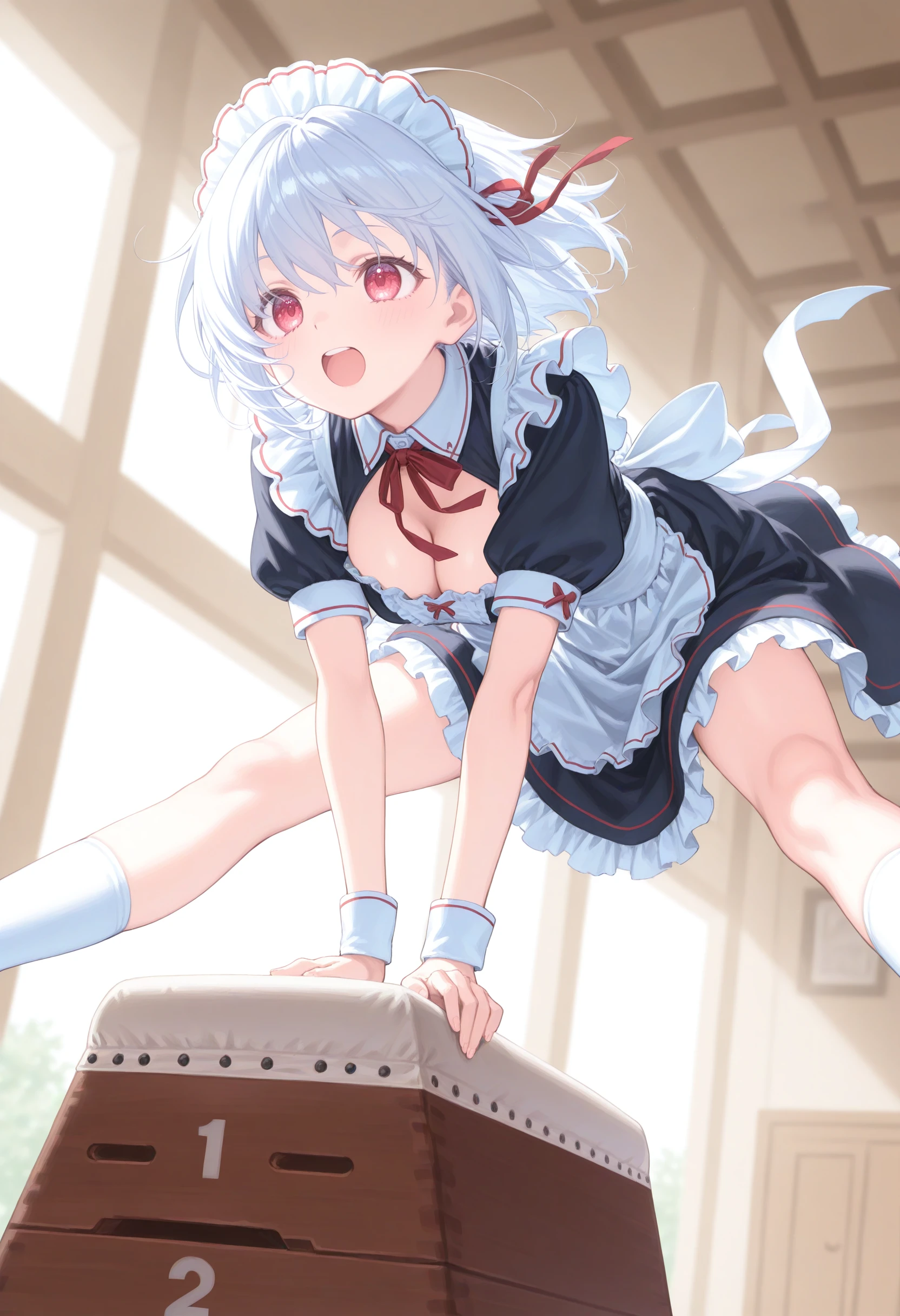 (best quality), (very aesthetic), (ultra-detailed), (best (best quality), (very aesthetic), (ultra-detailed), (best illustration),(((one women))),(((izayoi sakuya))),(touhou), red eyes, maid, medium hair, twin braids, grey hair, maid headdress, blue dress, puffy short sleeves, maid apron, waist apron, white apron, green bow, hair bow, waist bow, white bow, ,(large breasts),(((full body))),(((arms behind head))),(((spread legs))),(((white background))),(((Diagonal angle)))