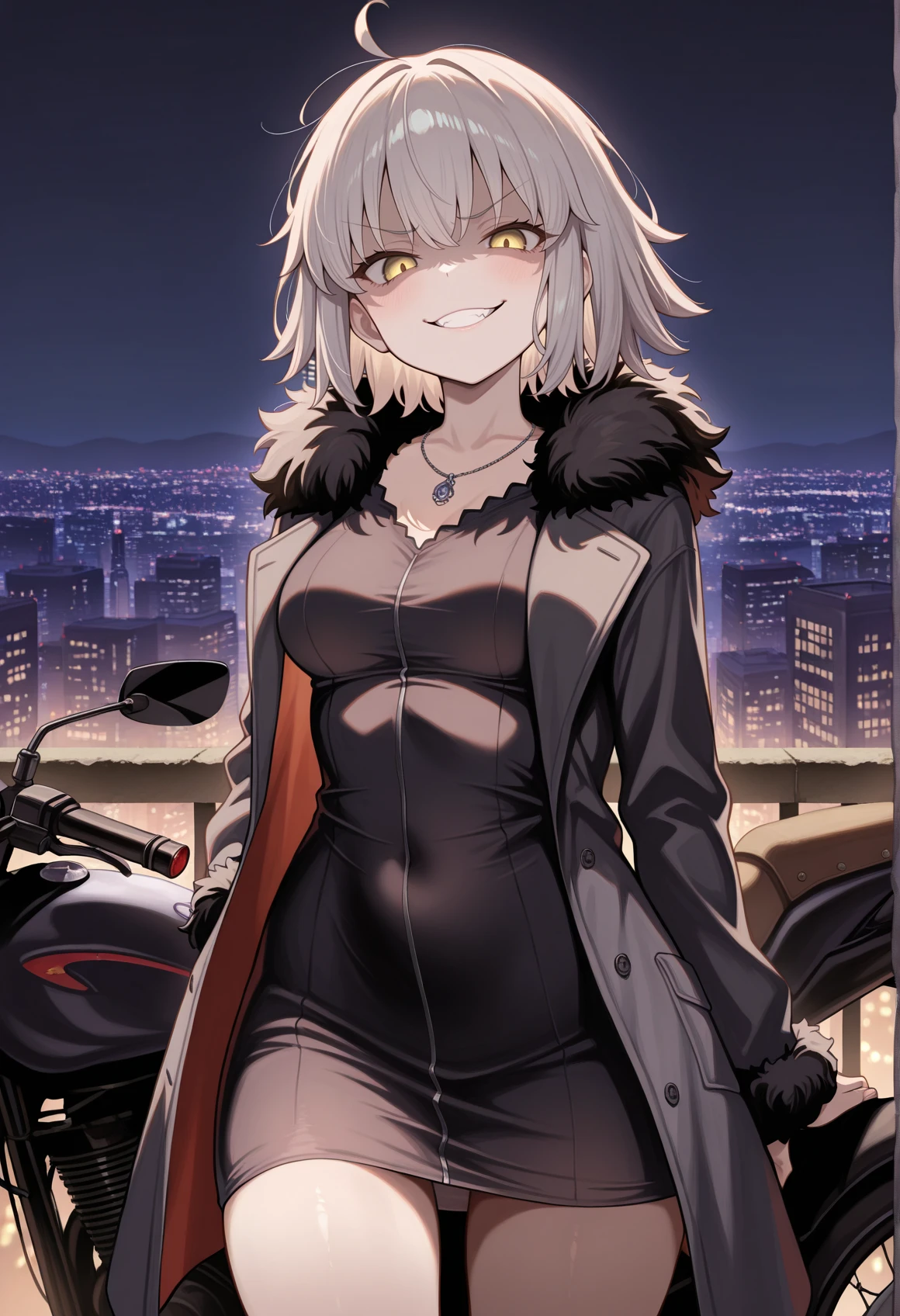 1girl, short hair, ahoge, grey hair, yellow eyes, short dress, coat, fur trim, necklace, medium breasts, outdoors, night, city, city lights, evil smile, motorcycle, cowboy shot, looking at viewer <lora:Jeanne_Alter_illus:1>, masterpiece, best quality, amazing quality, very aesthetic, absurdres, highres, newest