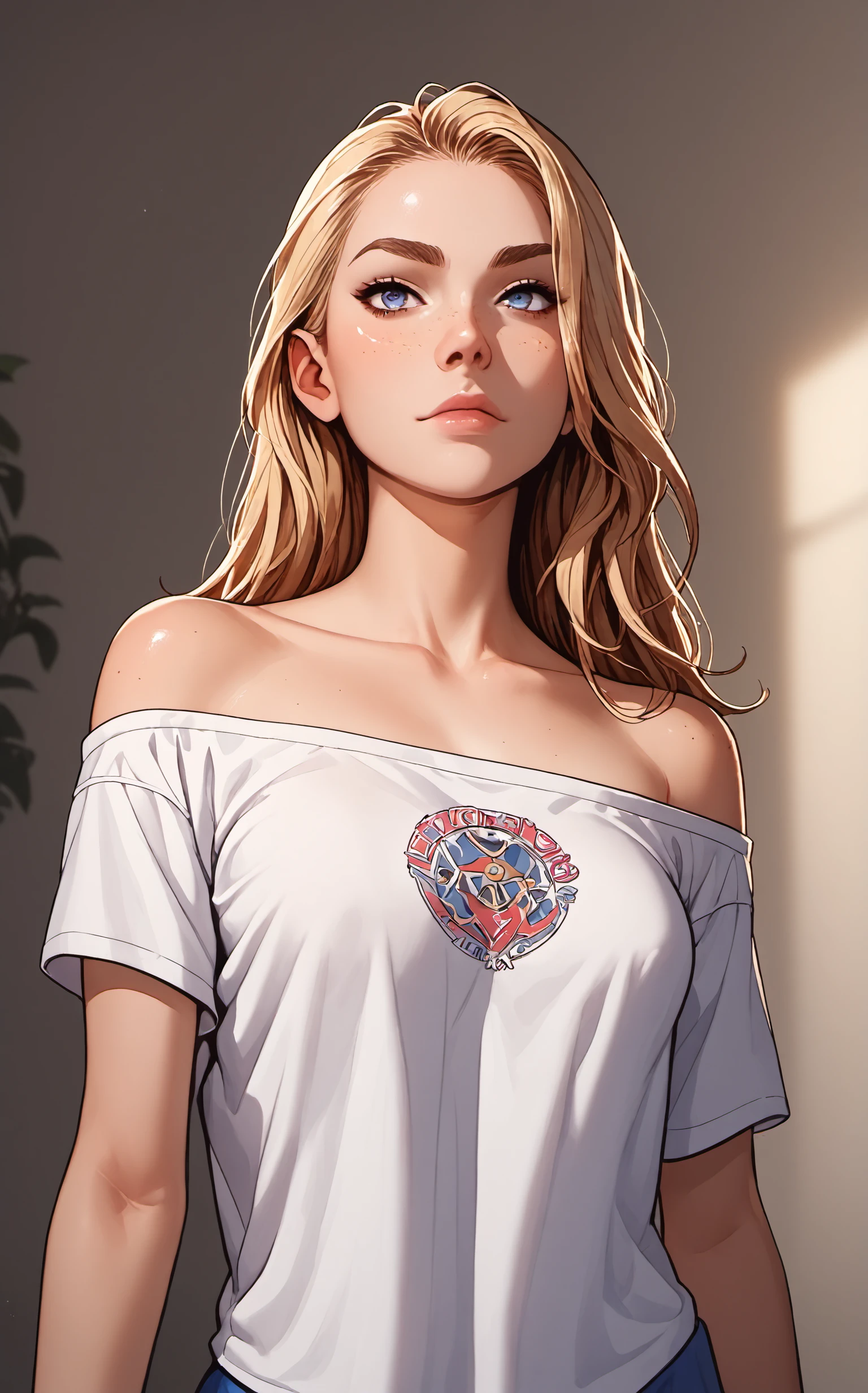 (score_9, score_8_up, score_7_up,,source_cartoon, western comics \(style\), ),masterpiece, best quality, (cozy bedroom),
3m3li3v2ani , innocent and alluring, blonde, long hair, alternative vibe, beautiful eyes, freckles, medium breasts, subtle cleavage, tight body, slutty, candid picture, off-shoulder shirt, dynamic angle, vibrant lighting, high contrast, dramatic shadows, highly detailed, detailed skin, depth of field, film grain, <lora:cobatsart:1>, <lora:Emelie Nobody Animated Style_epoch_11:0.5>