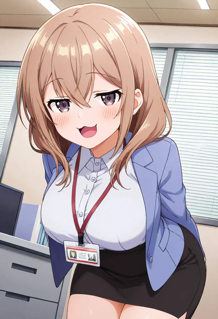masterpiece, best quality, absurdres, very aesthetic, general,
katase shiori, 1girl, solo, open mouth, office lady, large breasts, pencil skirt, smile, looking at viewer, long hair, black skirt, id card, brown hair, arms behind back, white shirt, lanyard, eyebrows visible through hair, hair between eyes, collared shirt, blue jacket, :d, brown eyes, leaning forward, indoors, blush, miniskirt, purple eyes, dress shirt, open jacket, dutch angle, light brown hair, grey eyes, name tag, formal, suit, long sleeves, standing, blonde hair, shirt tucked in, thighs, bent over, office, cowboy shot, medium hair, blazer, wing collar, high-waist skirt, skirt suit, window, shiny hair, shiny, smug, buttons, sidelocks, :3, blue eyes, thighs,
<lora:katase_shiori_illustXL_locon_v1:0.7>