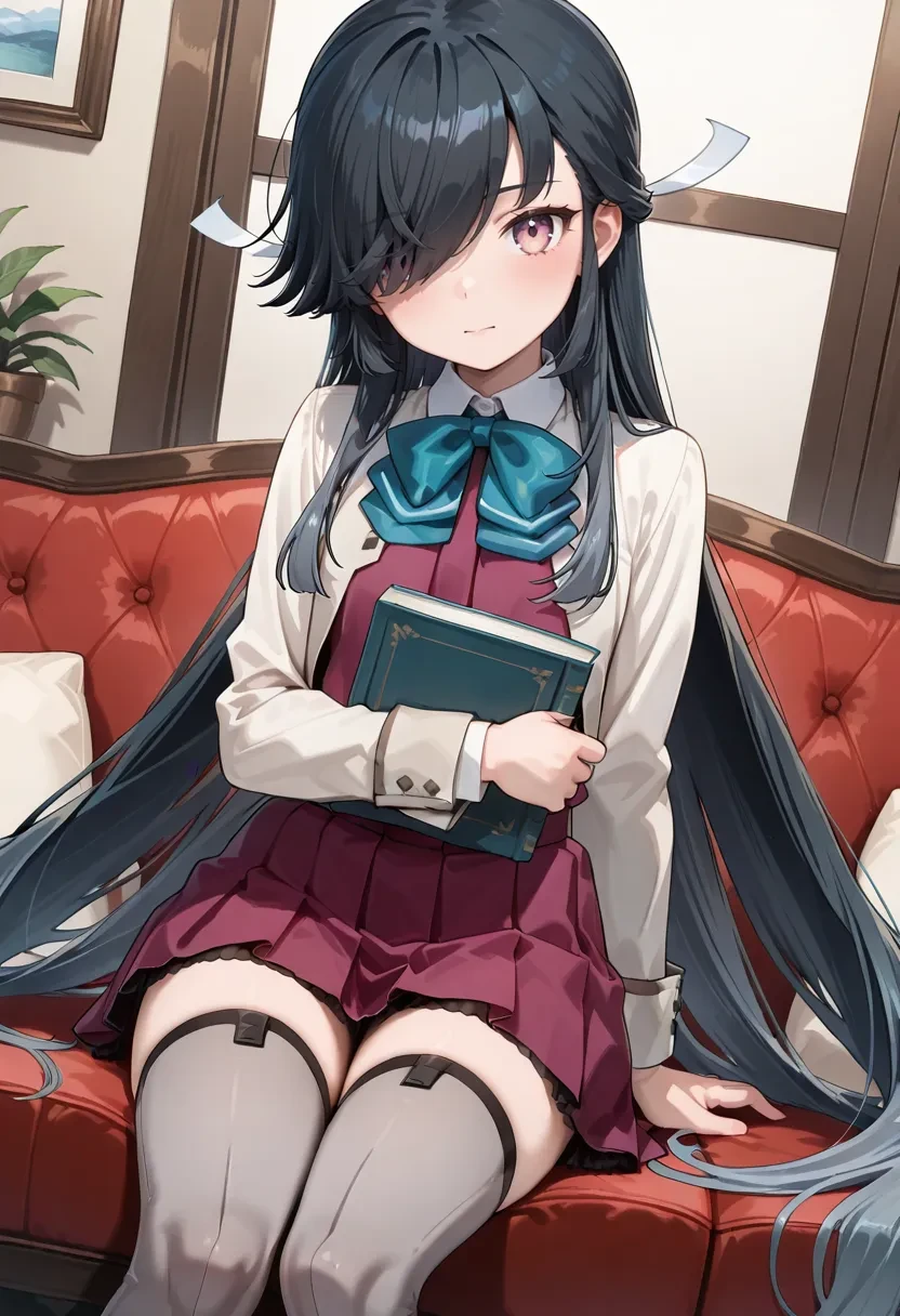 Best Quality,Very detailed,masterpiece,ultra detailed,illustration,by rubio ,hair ornament,Stop,interior,Incredibly_absurdities,1 girl,medium chest,nose blush ,realist,by the wide,summer_dress,garter straps,bishoujo,greeting sv98