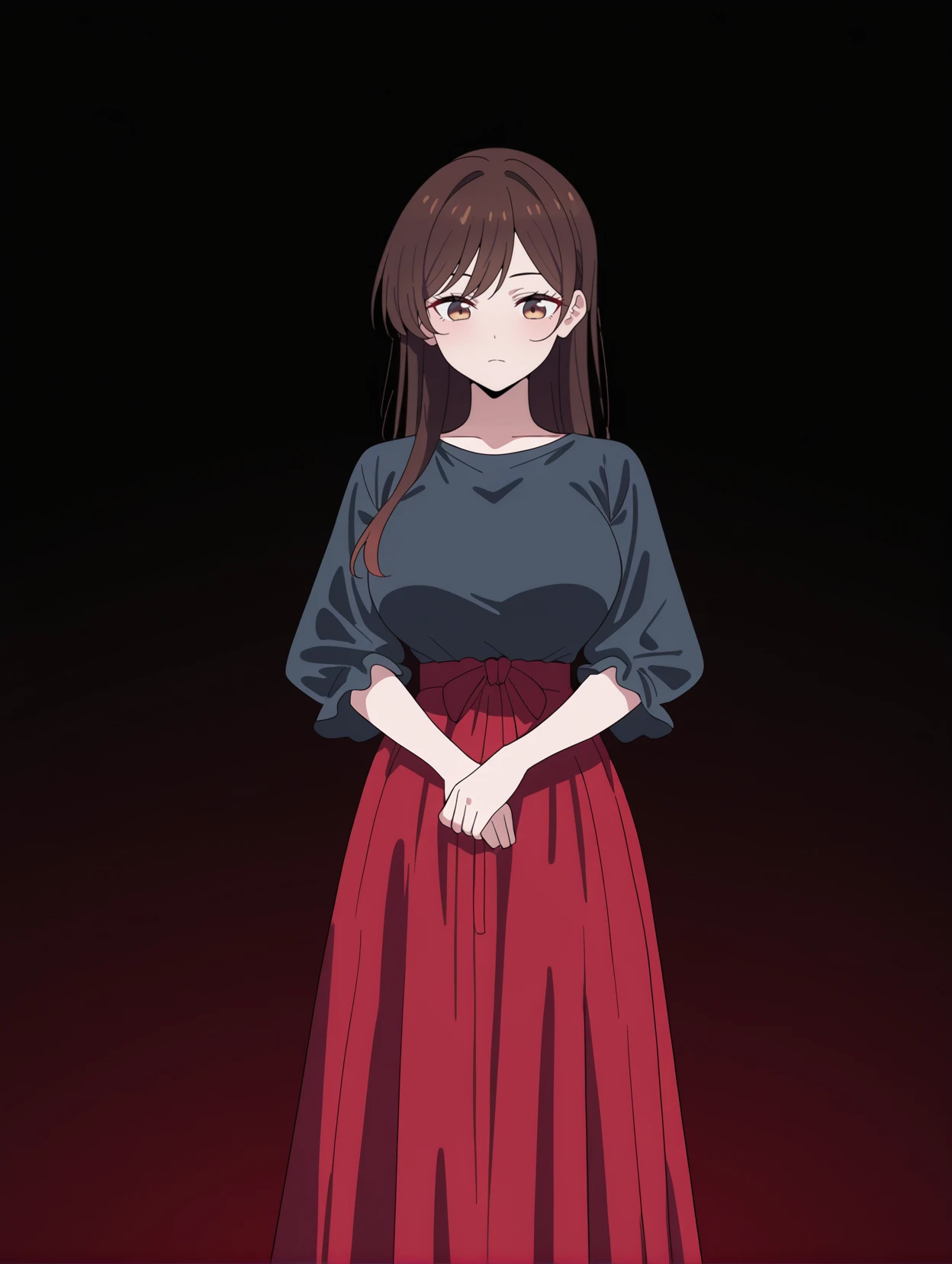 masterpiece,best quality,amazing quality,very aesthetic,absurdres,newest,
front view,full_shot,Squint,
ChinoseChizuruCYQL,1girl,solo,brown hair,long hair,bangs,brown eyes,large breasts,Exaggerated puff sleeve dress with oversized bow accents,
full body,standing,hand_on_own_chin,,
crimson background,simple background,
black background,flat color,<lora:NoctFlatStyleIllustrious:1>,,<lora:ChinoseChizuruCYQL:1>,