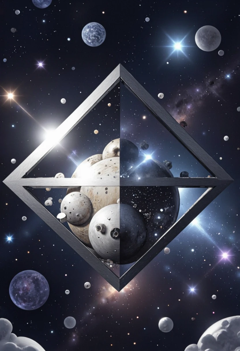 <lora:Pieper-Geometrics-Perspective:0.8>,A reflective cube floating in space, distorting the cosmos around it, Reflections and Mirrors,