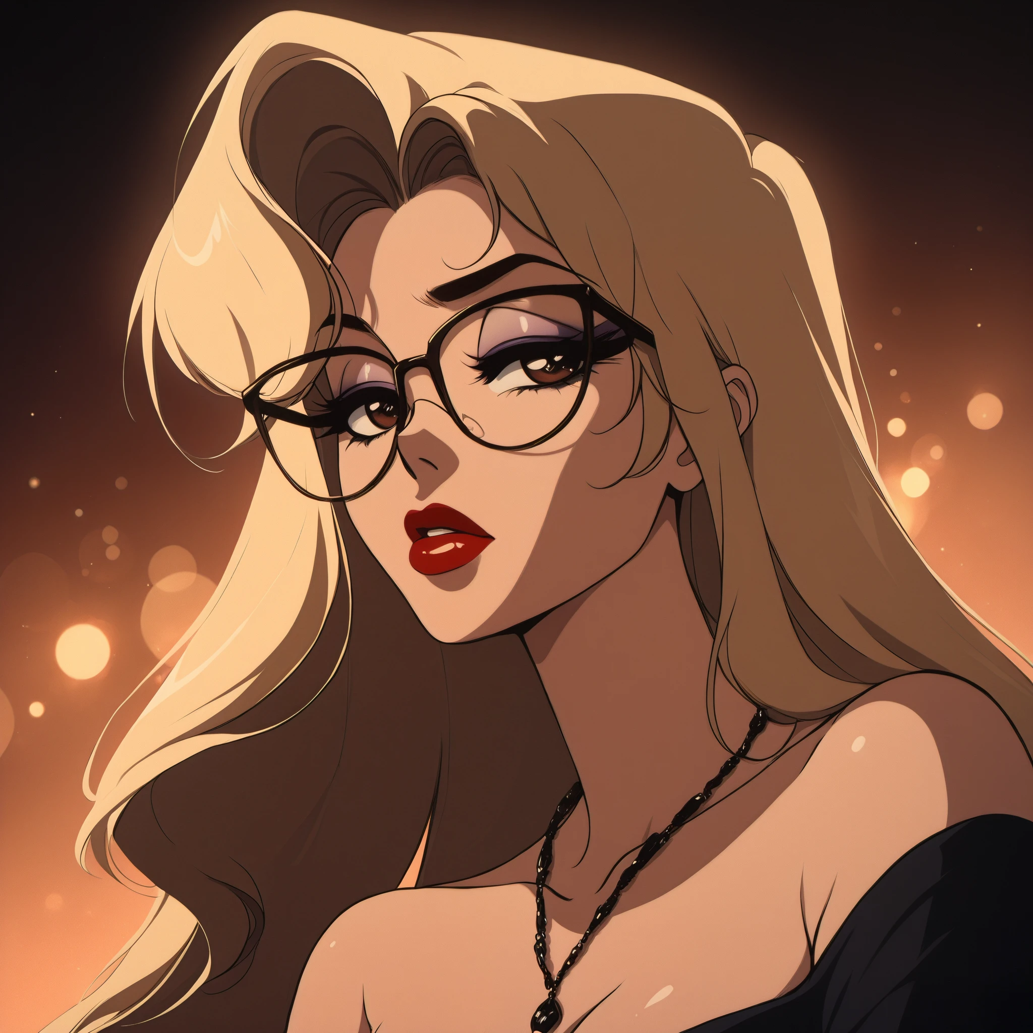 (cowboy shot, retro artstyle, 1990s \(style\), headshot portrait, cleavage, narrowed eyes, masterpiece, blurry, bokeh, best quality, highly detailed, high-resolution, detailed texture, absurdres, amazing quality, very aesthetic, absurdres, newest, scenery, chiaroscuro, vignetting, dutch angle, depth of field, soft luminescent glow)
(EgirlPFP, makeup, thick_lips, 1girl, solo, glasses, blonde hair, solo, jewelry, long hair, off shoulder, breasts, cleavage, necklace, red lips)