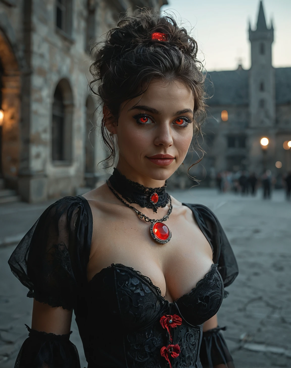 ((gothic)), woman, mature:1.5, (vampire), (small fangs), large breasts, (hair put up), glowing red eyes, cleavage, corset, dress, (red amulet), castle, (smile), fog:1.5, (night:1.5), portrait, (close up:1.5), high contrast, dramatic shadows, (film grain:1.5), very soft lighting
BREAK (finest details, hires, high quality, realistic colors, true color palette:1.15), (score_9, score_8_up, source_photo, source_real, rating_explicit, high details. source_photo. content_realistic. analog_photograph:1.1). eyedetailpxl,
BREAK soft focus, (shallow depth of field, Helios_44_2 swirly bokeh:0.6), (light leaks, gloom:0.4), (analog film simulation:0.8),
<lora:detailed_notrigger:0.35>